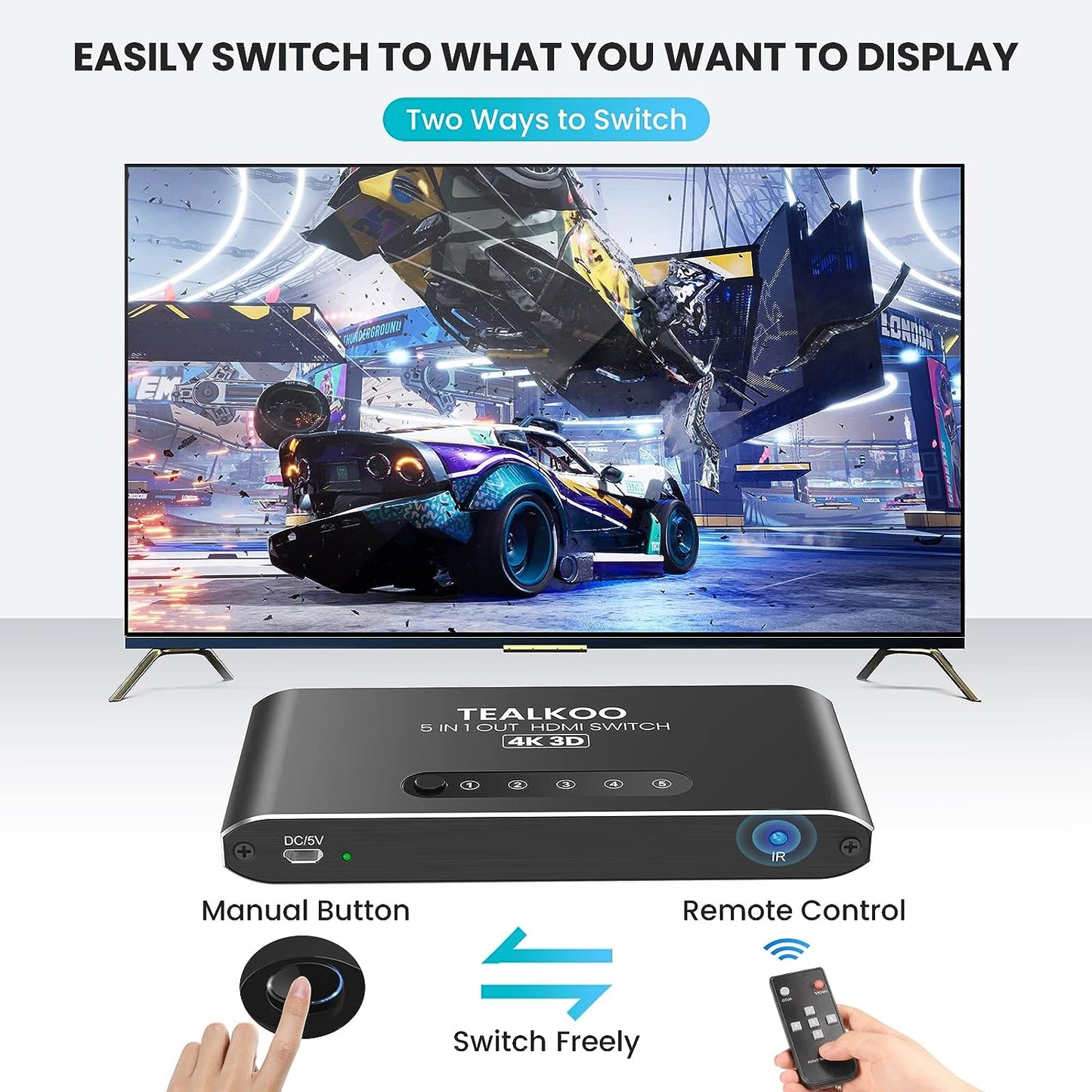 HDMI Switch 5 in 1 Out with Remote, Aluminum HDMI Splitter HDMI Switcher Supports 4K 3D 1080p@60Hz UHD HDR, HDMI2.0 Switch Compatible with PS5/4/3 Laptop DVD Blu-Ray Xbox Roku HDTV Fire Stick