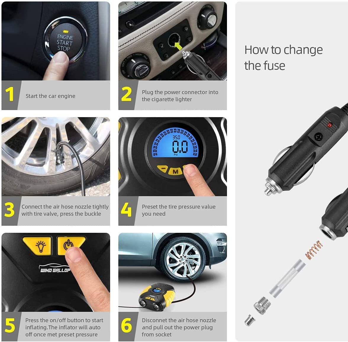 WindGallop Digital Car Tire Inflator Portable Air Compressor for Car Tire Pump Automatic 12v Electric Car Air Pump for Car Tires with Tire Pressure Gauge Valve Adaptors LED Light