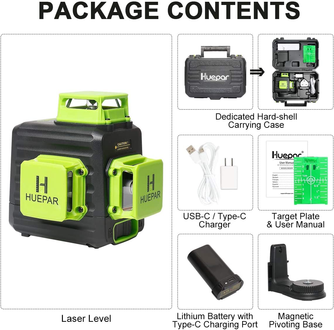 مستوى ليزر Huepar ثلاثي الأبعاد متقاطع ذاتي التسوية 3 × 360 شعاع أخضر أداة ليزر ثلاثية المستويات للتسوية والمحاذاة، بطارية ليثيوم أيون مع منفذ شحن من النوع C وحقيبة حمل صلبة متضمنة - B03CG Pro