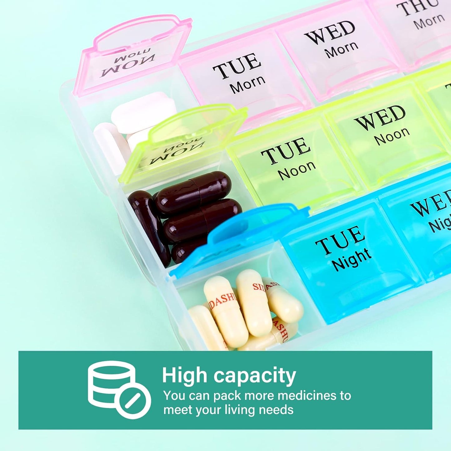 Large Weekly Pill Organizer 3 Times A Day, Moisture-Proof 7 Day Pill Box, Travel Pill Cases Portable for Pills Vitamin Fish Oil Supplements
