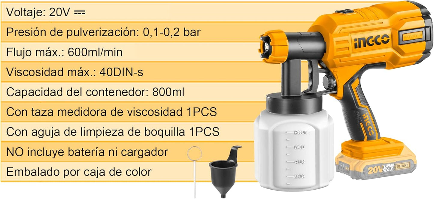 INGCO CSGLI2001 Cordless Lithium-Ion Paint Gun for Walls, Ceilings and Fences 800 ml 40DIN-s 20 V (without Battery or Charger)