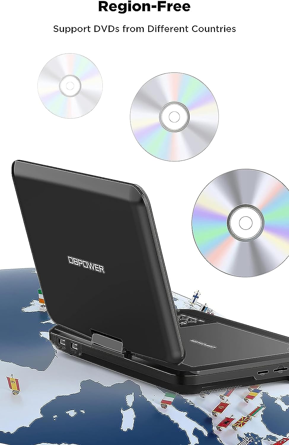 DBPOWER 12.5" Portable DVD Player with 10.5" Swivel Screen Car Built-in 5 Hours Rechargeable Battery, Supports All-Region, Earphone/SD Card/USB/AV-in/AV-out, Direct Play in Formats AVI/RMVB/MP3/JPEG