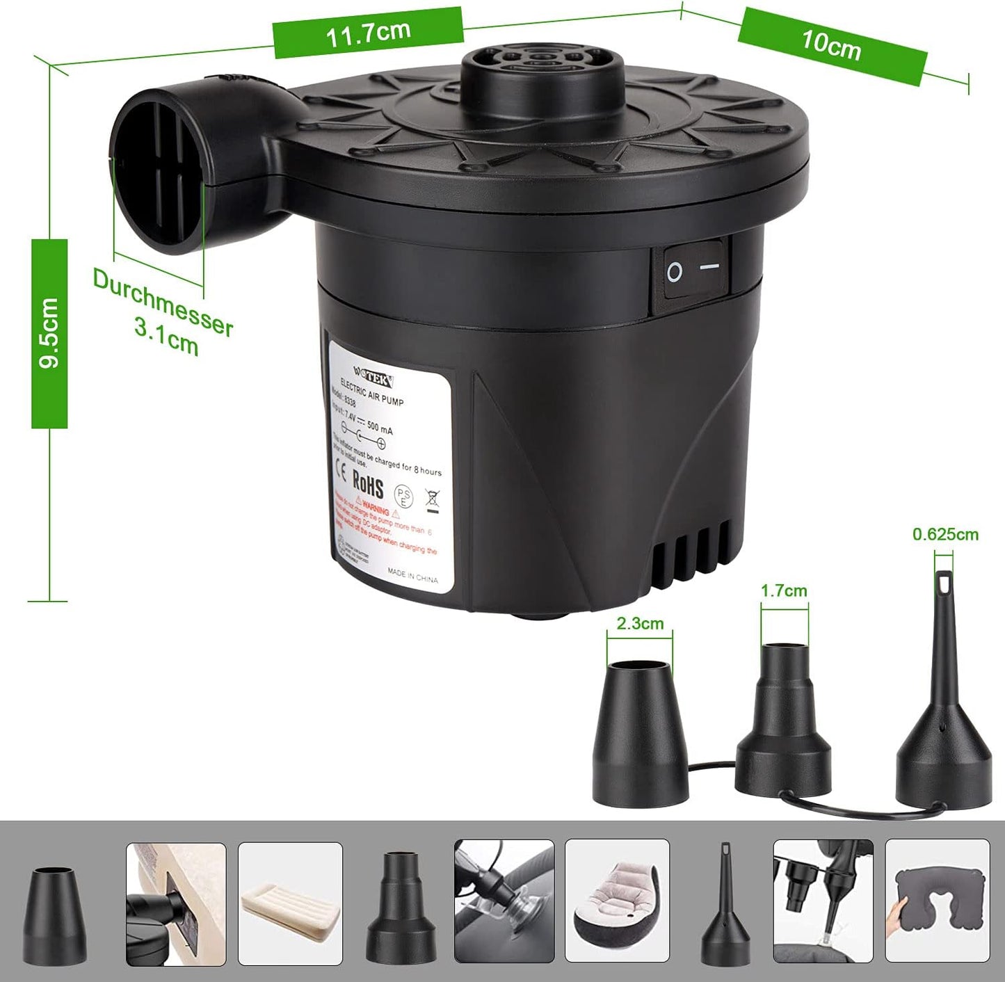 Electric Air Pump, Quick-Fill USB Rechargeable Electric Pumps for Airbed Mattress Paddling Swimming Pools Inflated Toy, Portable & Lightweight Inflator/Delator with 3 Nozzles AC100-240V & DC12V/60W