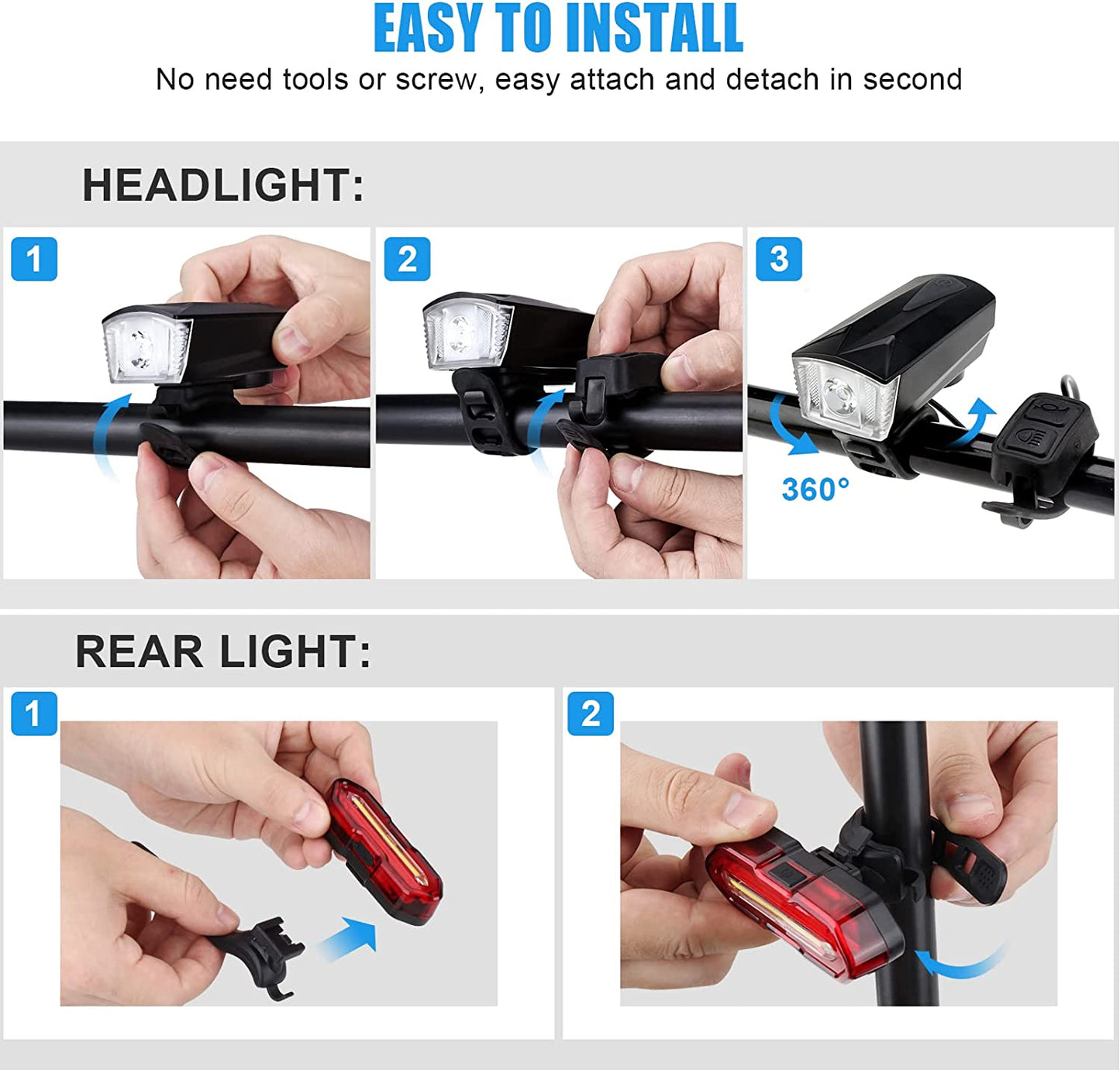 مجموعة مصابيح دراجة LED، مصابيح دراجة قابلة لإعادة الشحن عبر USB، 6 أوضاع إضاءة دراجة، مصابيح دراجة مقاومة للماء، مصابيح ركوب الدراجات الأمامية والخلفية، مصباح دراجة جبلية، مصباح دراجة طريق، ملحقات دراجة إلكترونية مع جرس إنذار