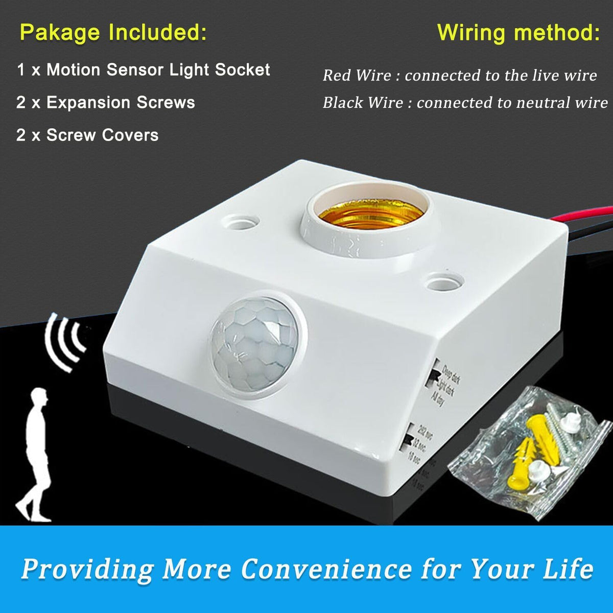 Motion Sensor Light Socket Smart Screw in Light Bulb Outlet Compatible with E26/E27 Motion Activated Light Bulb Holder Adapter Automatic Light Control for Garage Storage Room (E27 SOCKET)