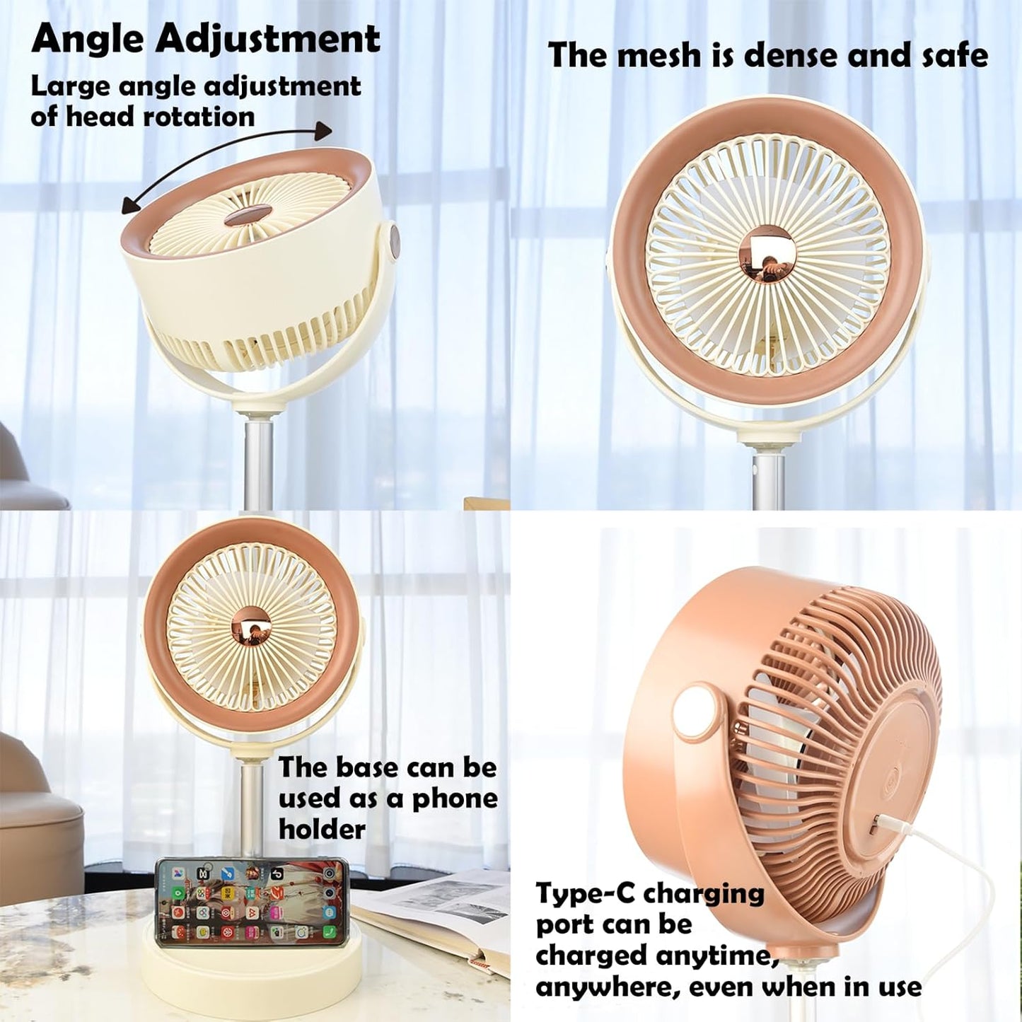 Portable Rechargeable Standing Fan 7.1" , USB Desk Fan & Portable Pedestal Fan For Travel, Small Floor Stand Up Fan For Sleeping, Height Adjustable, 3 Speed, For Home Bedroom Camping Traveling