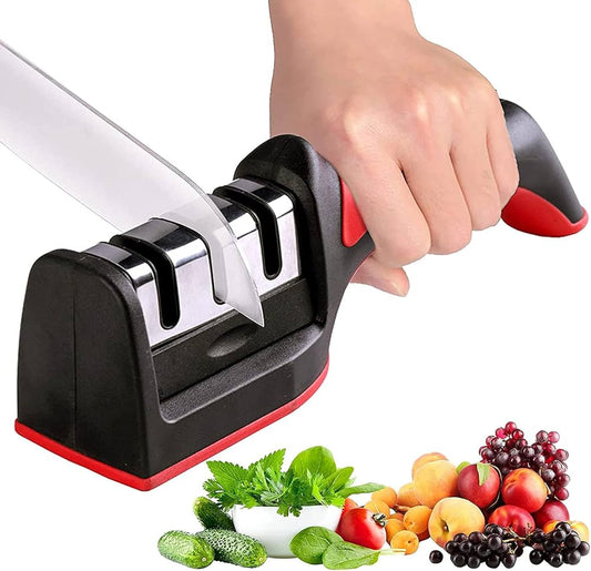 Knife Sharpeners for Kitchen Knives and Scissors– Tungsten Steel 4 in1 Kitchen Knife Sharpener – Ergonomic and Easy to Use Knife and Scissors Sharpening Kit with 4 Stage Sharpening Slots Black Red