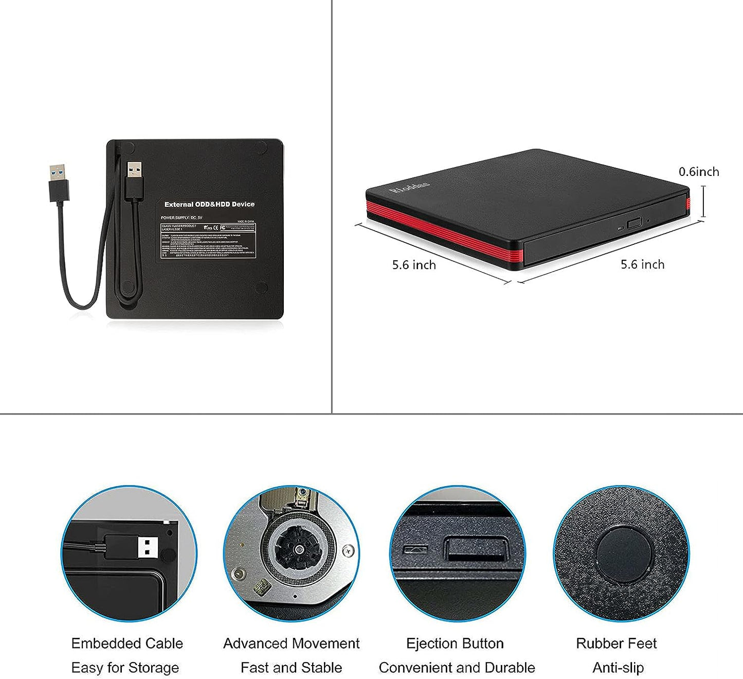 Rioddas External CD Drive, USB 3.0 Portable CD/DVD +/-RW Drive Slim DVD/CD ROM Rewriter Burner for Laptop Desktop PC Windows and Linux OS Apple Mac Macbook Pro