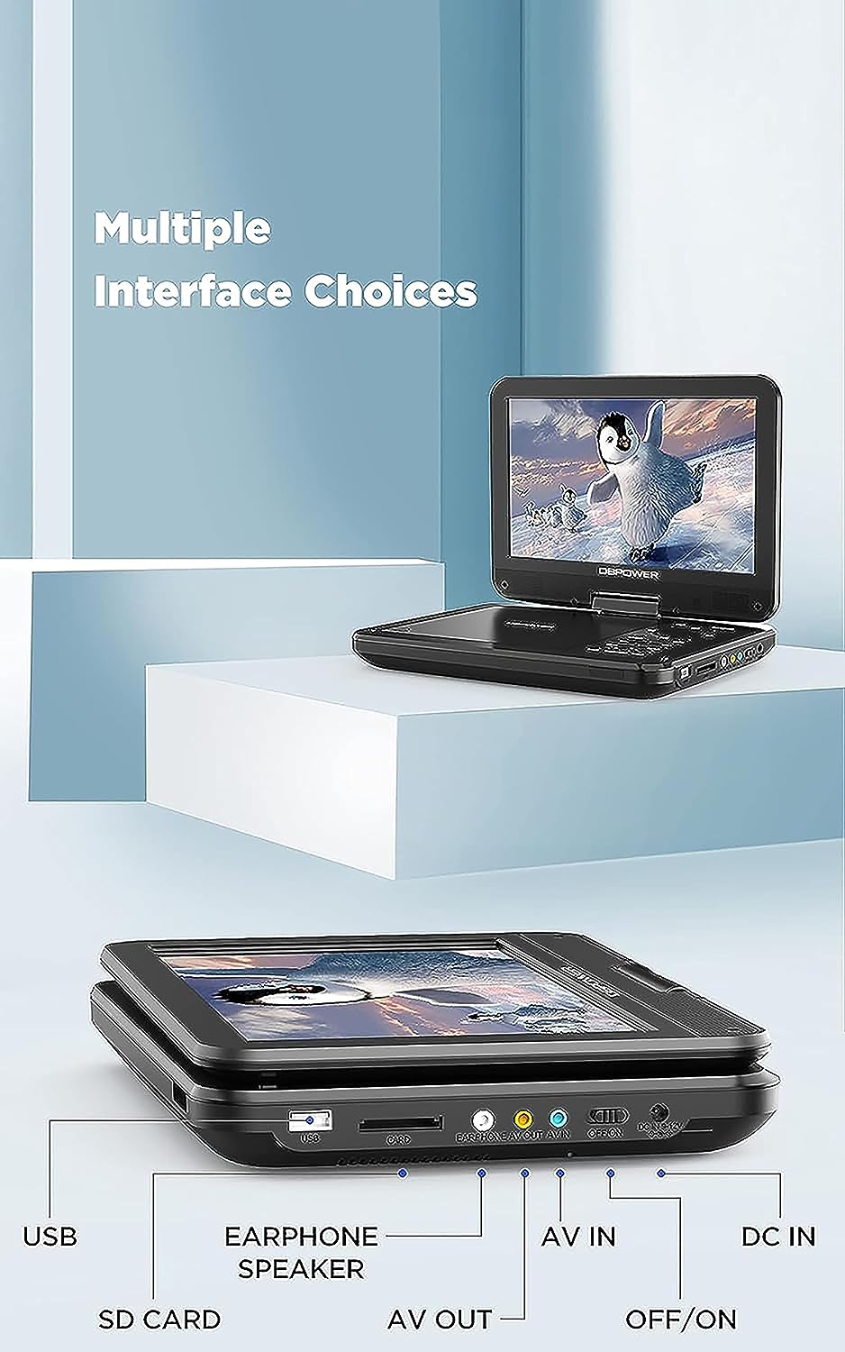 DBPOWER 12.5" Portable DVD Player with 10.5" Swivel Screen Car Built-in 5 Hours Rechargeable Battery, Supports All-Region, Earphone/SD Card/USB/AV-in/AV-out, Direct Play in Formats AVI/RMVB/MP3/JPEG