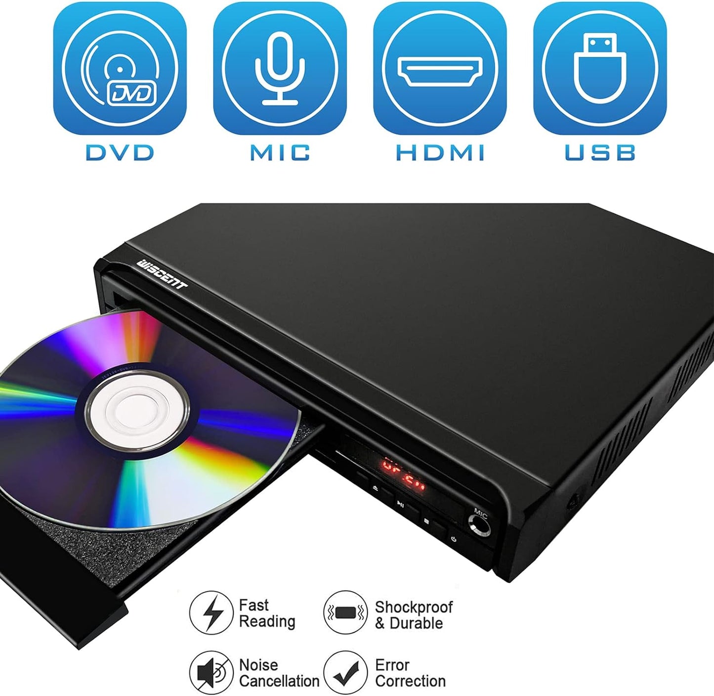 WISCENT DVD Player for Smart TV Support 1080P Full HD with HDMI Output,CD/MP3/USB Player for Home, All Region-Free, Remote Control/AV/HDMI Cable Included(non blueray)