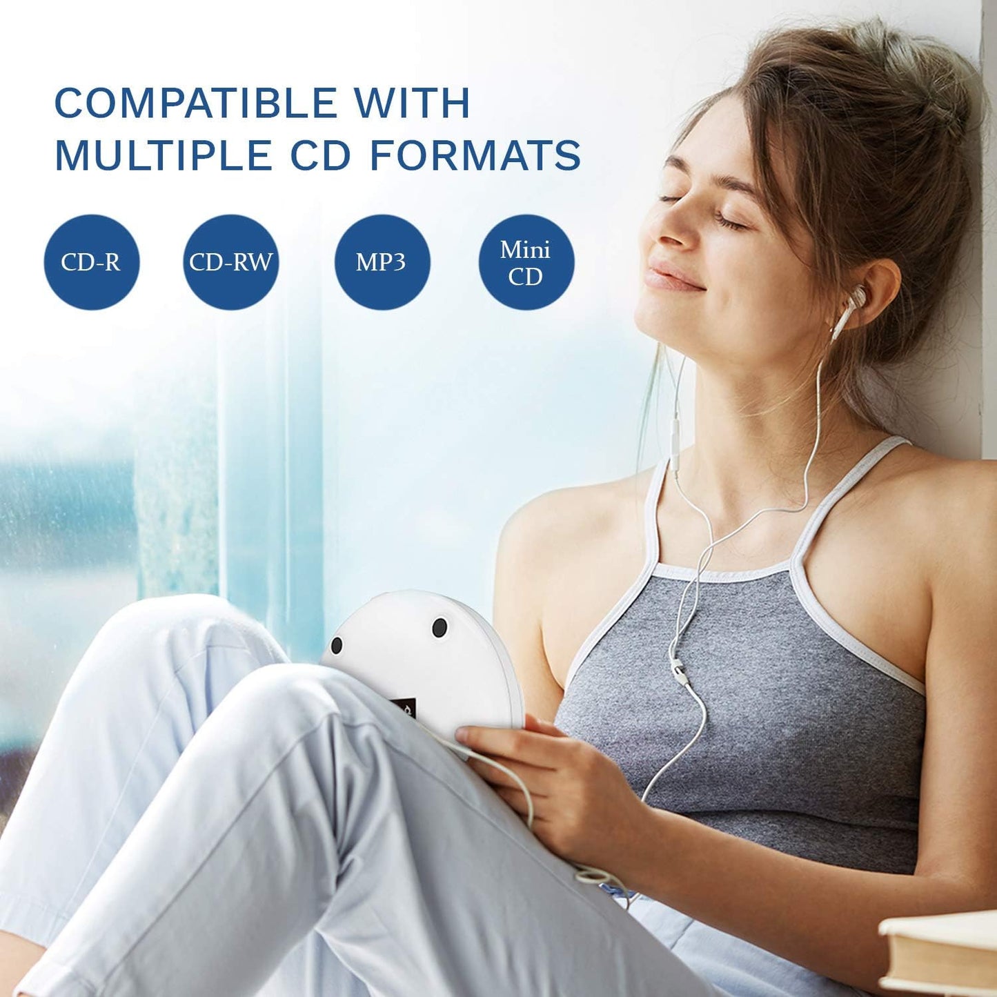 KLIM Discman Portable CD Player with a Built-in Battery - New 2023 Version + Ideal Car CD Player with Earphones + Compatible CD-R, CD-RW, MP3. Compact Mini CD Players Personal CD Walkman - White