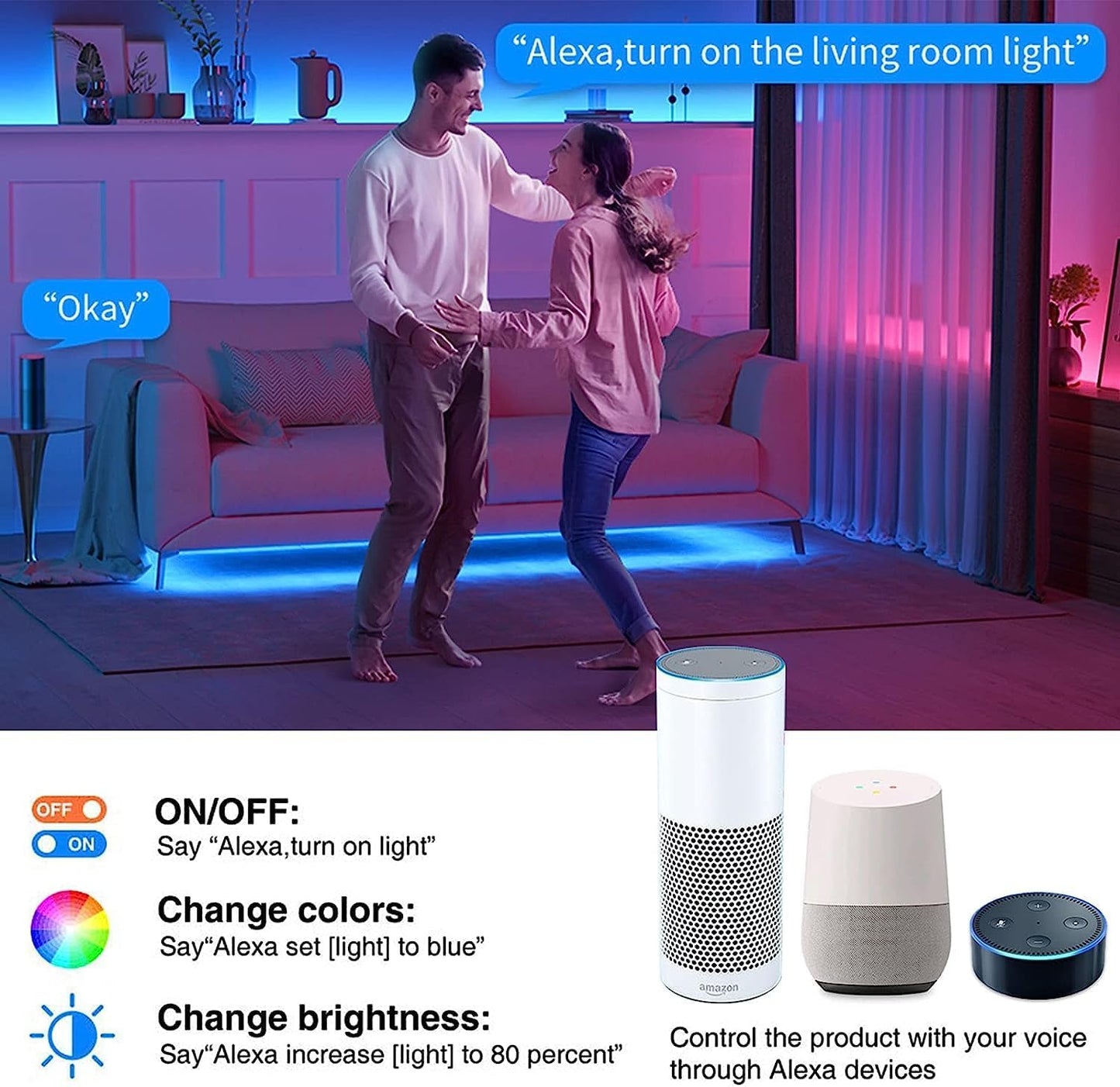 LUXONIC 32.8ft Waterproof LED Light Strips, WiFi LED Lights Work with Alexa and Google Assistant, Super Bright 5050 Color Changing LEDs with App Control, Music Sync Strip Lights for Bedroom, Party