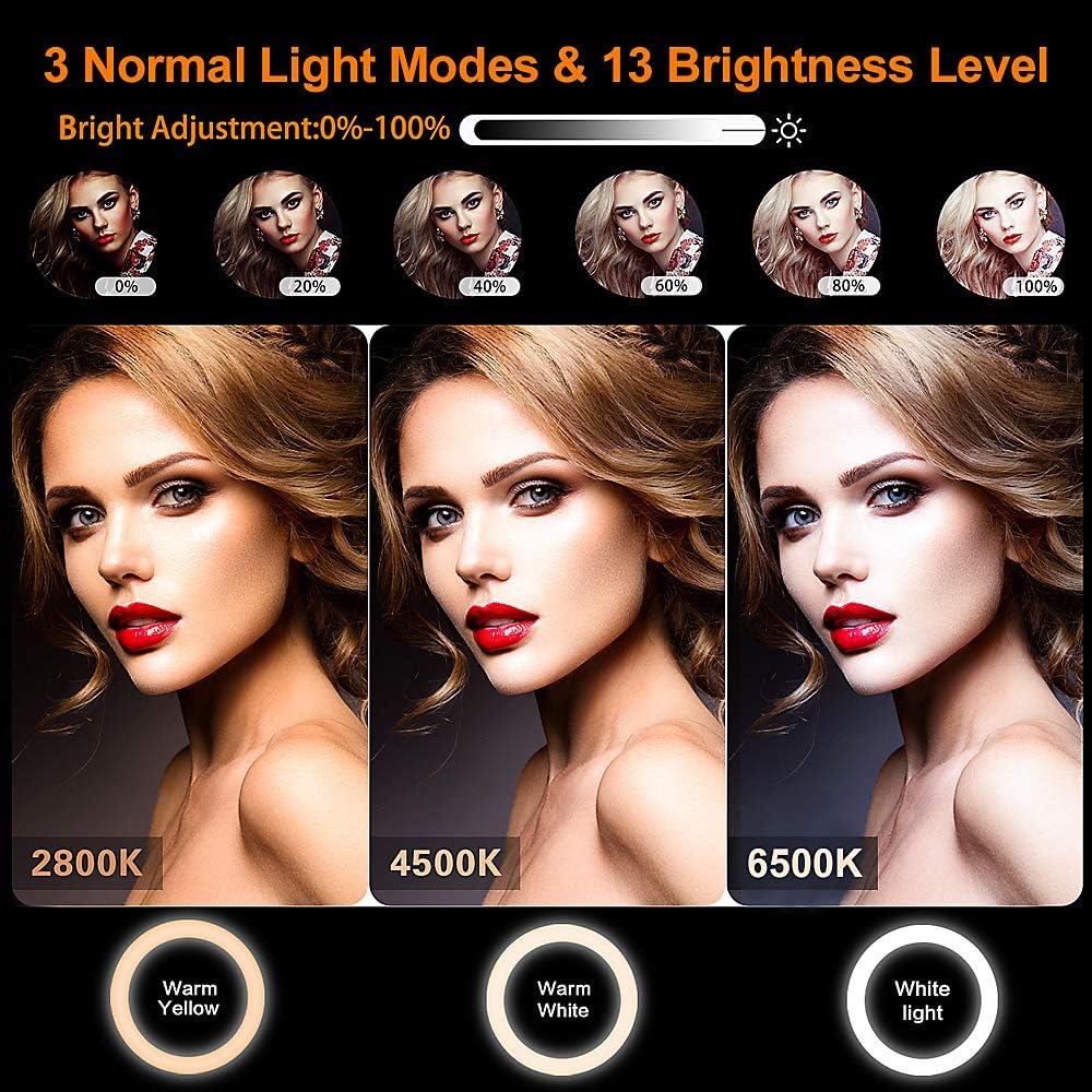 12.6'' Ring Light with Stand and Phone Holder: Totally 74" Tall Led Ringlight Tripod with 40 Color Modes, Floor and Desktop Stand with Circle Lights for Makeup Video Meeting Live Stream