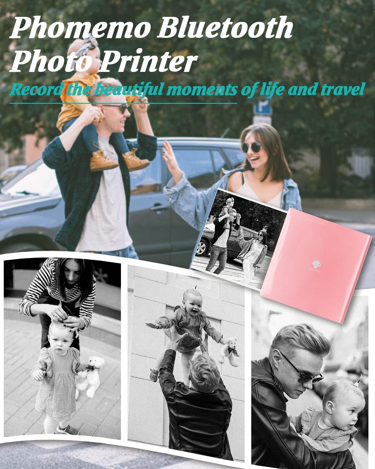 Phomemo Mini Pocket Printer - M02 Bluetooth Wireless Thermal Sticker Printer for Phone, Compatible with iOS & Android, Fun Gift for Christmas New Year, for Retro-Style Photos, Child Painting,Pink