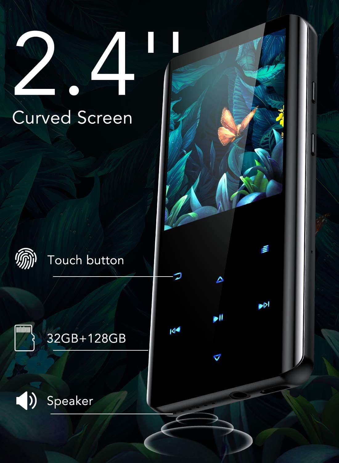 MP3 Player with Bluetooth 5.3, AGPTEK A19X 2.4" Curved Screen Portable Music Player with Speaker Lossless Sound with FM Radio, Voice Recorder, Built in 32GB, Supports up to 128GB