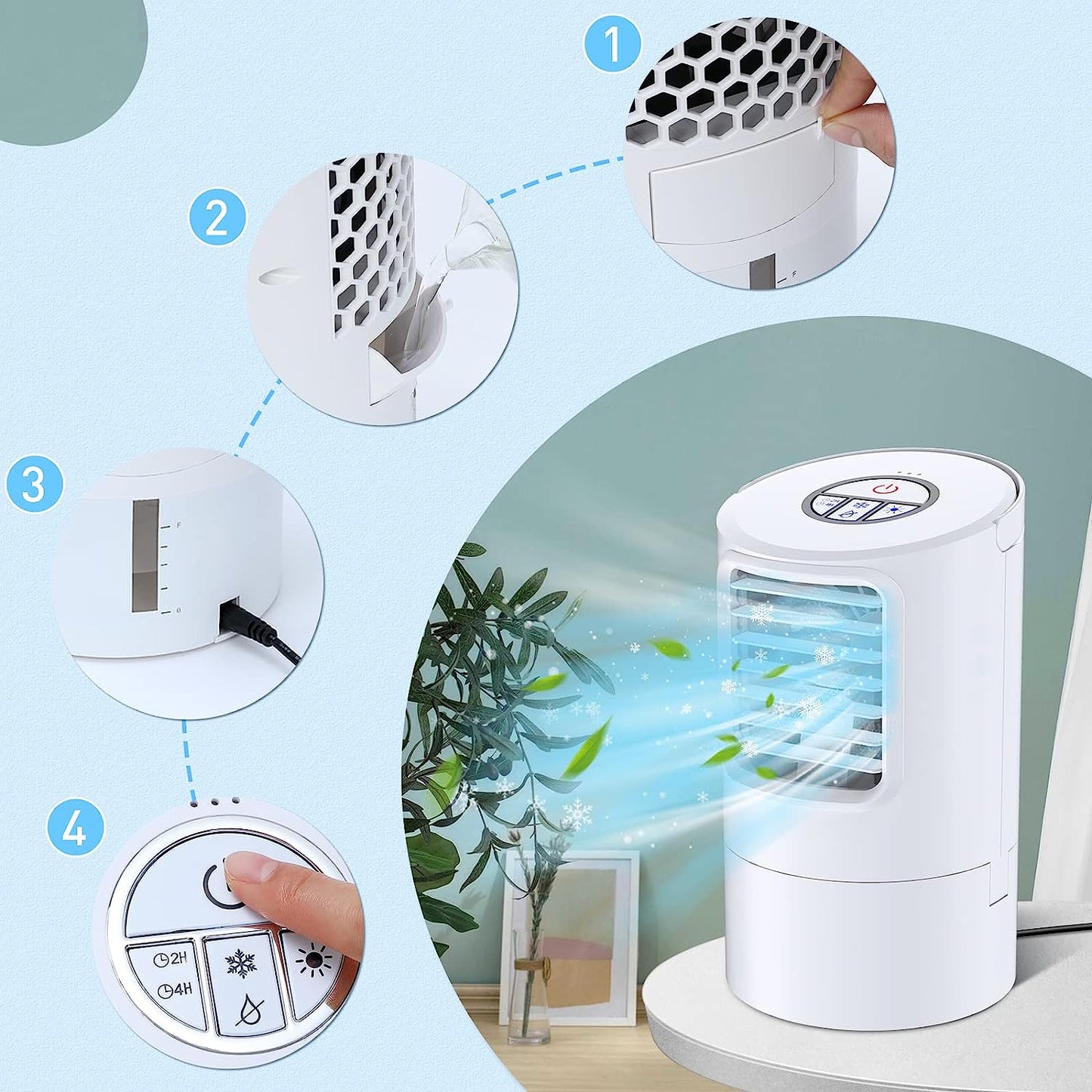 Mobile Air Conditioner, Mini Personal Air Conditioner, 4 in 1 Air Cooler, Fan, Evaporative Cooler, Humidifier, Air Cooler, Portable 3 Wind Speeds and 7 LED Colours (White)