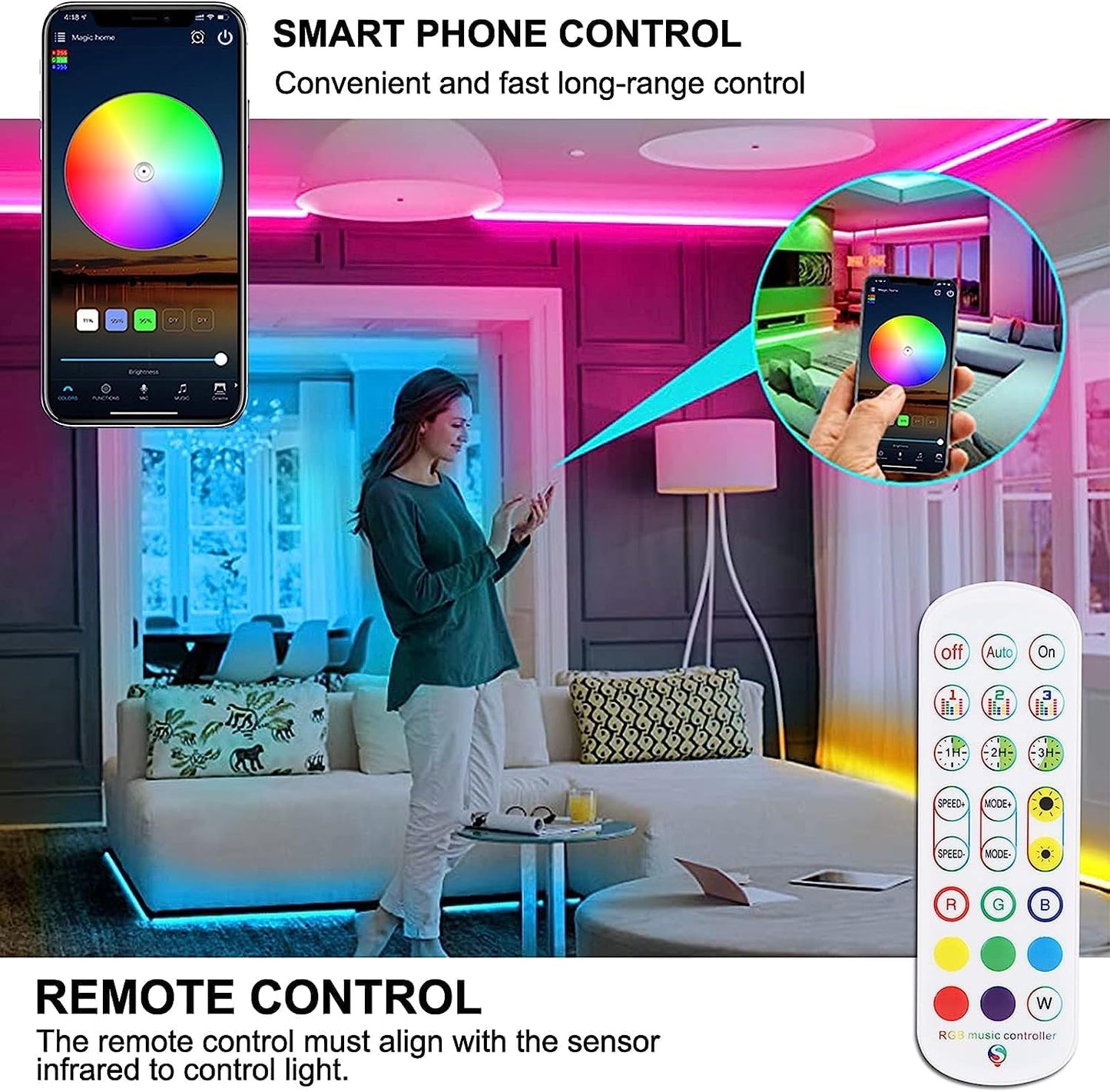 LUXONIC 32.8ft Waterproof LED Light Strips, WiFi LED Lights Work with Alexa and Google Assistant, Super Bright 5050 Color Changing LEDs with App Control, Music Sync Strip Lights for Bedroom, Party