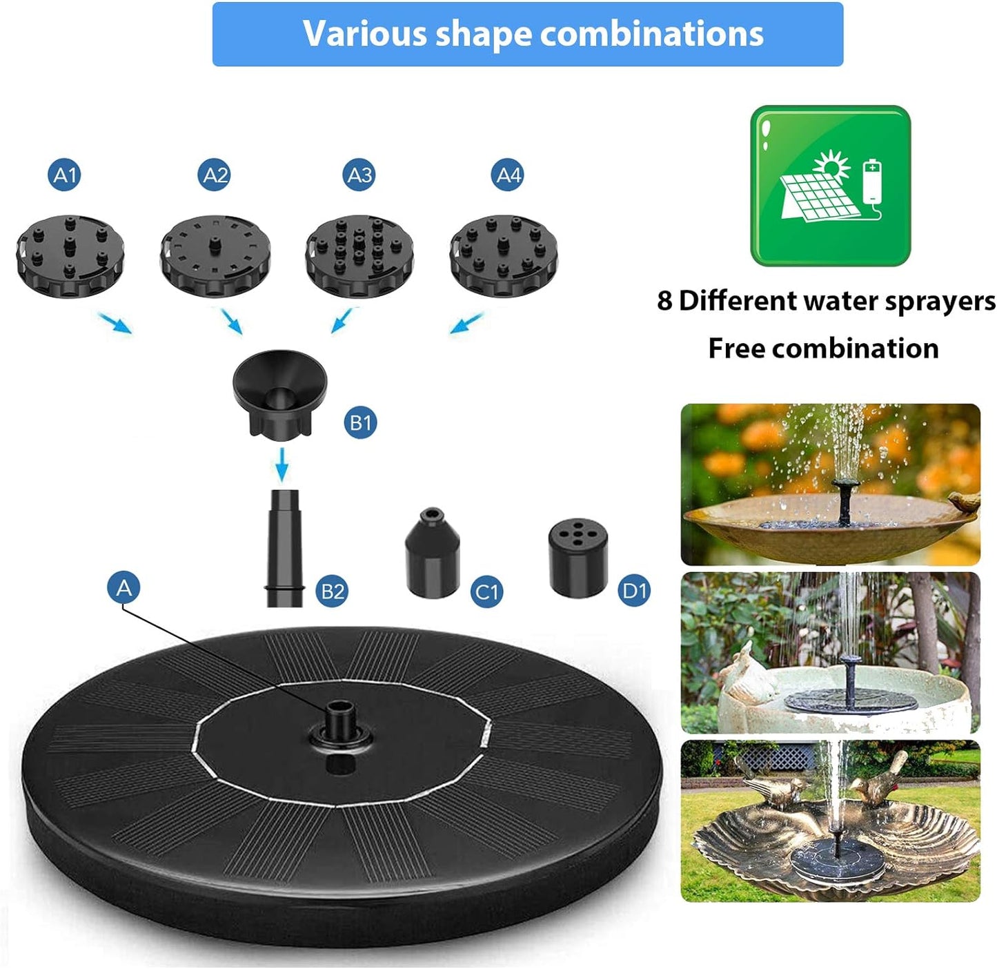 Untimaty 3.5W Solar Fountain Pump, Solar Water Pump Floating Fountain Solar Bird Bath Fountain Pump with Battery and 6 Nozzles for Bird Bath Pond Pool Garden Fish Tank