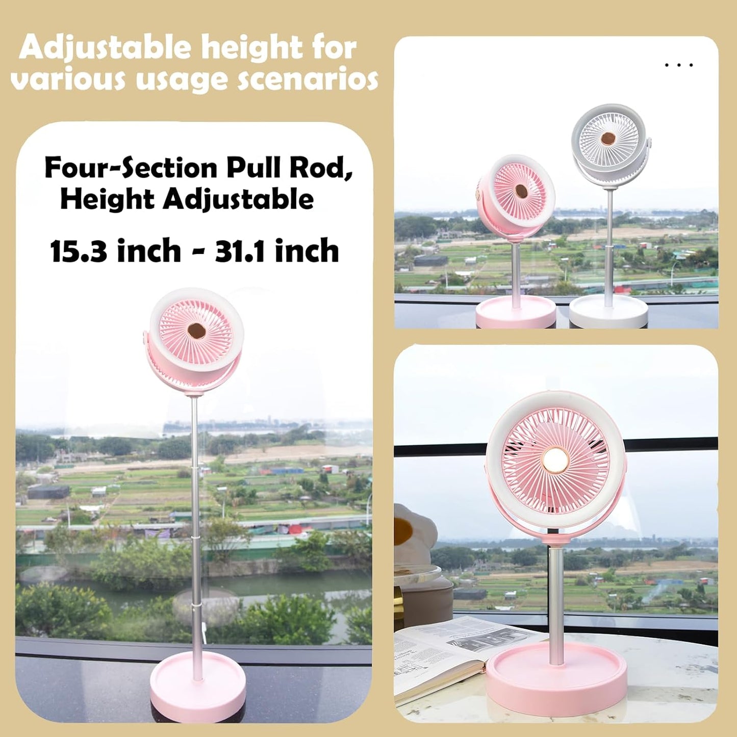 Portable Rechargeable Standing Fan 7.1" , USB Desk Fan & Portable Pedestal Fan For Travel, Small Floor Stand Up Fan For Sleeping, Height Adjustable, 3 Speed, For Home Bedroom Camping Traveling