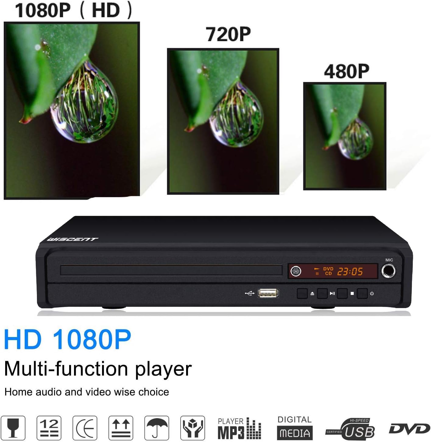 WISCENT DVD Player for Smart TV Support 1080P Full HD with HDMI Output,CD/MP3/USB Player for Home, All Region-Free, Remote Control/AV/HDMI Cable Included(non blueray)