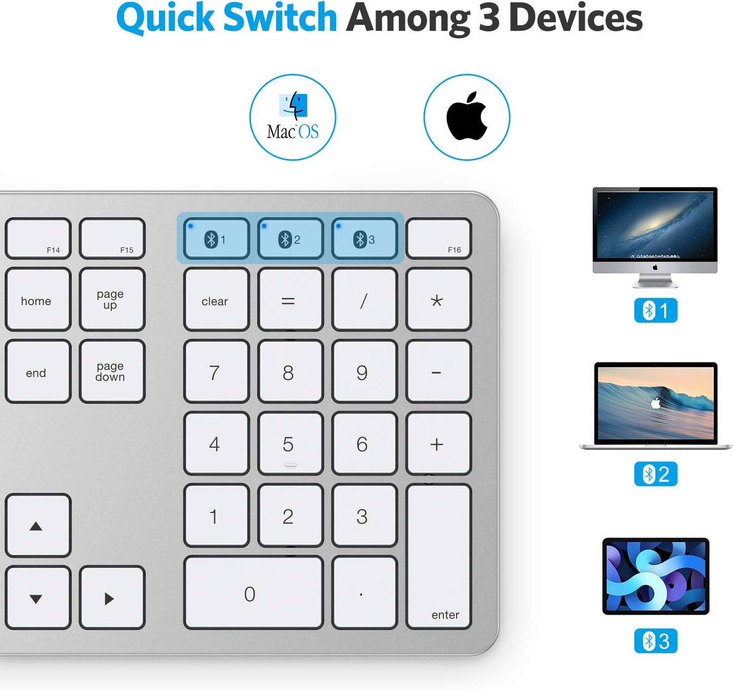 OMOTON Bluetooth Keyboard for Mac, Wireless Keyboard with Numeric Keypad, Multi-Device, Rechargeable, Compatible with MacBook Pro/Air, iMac, iMac Pro, Mac Mini, Mac Pro Laptop and PC (Silver)