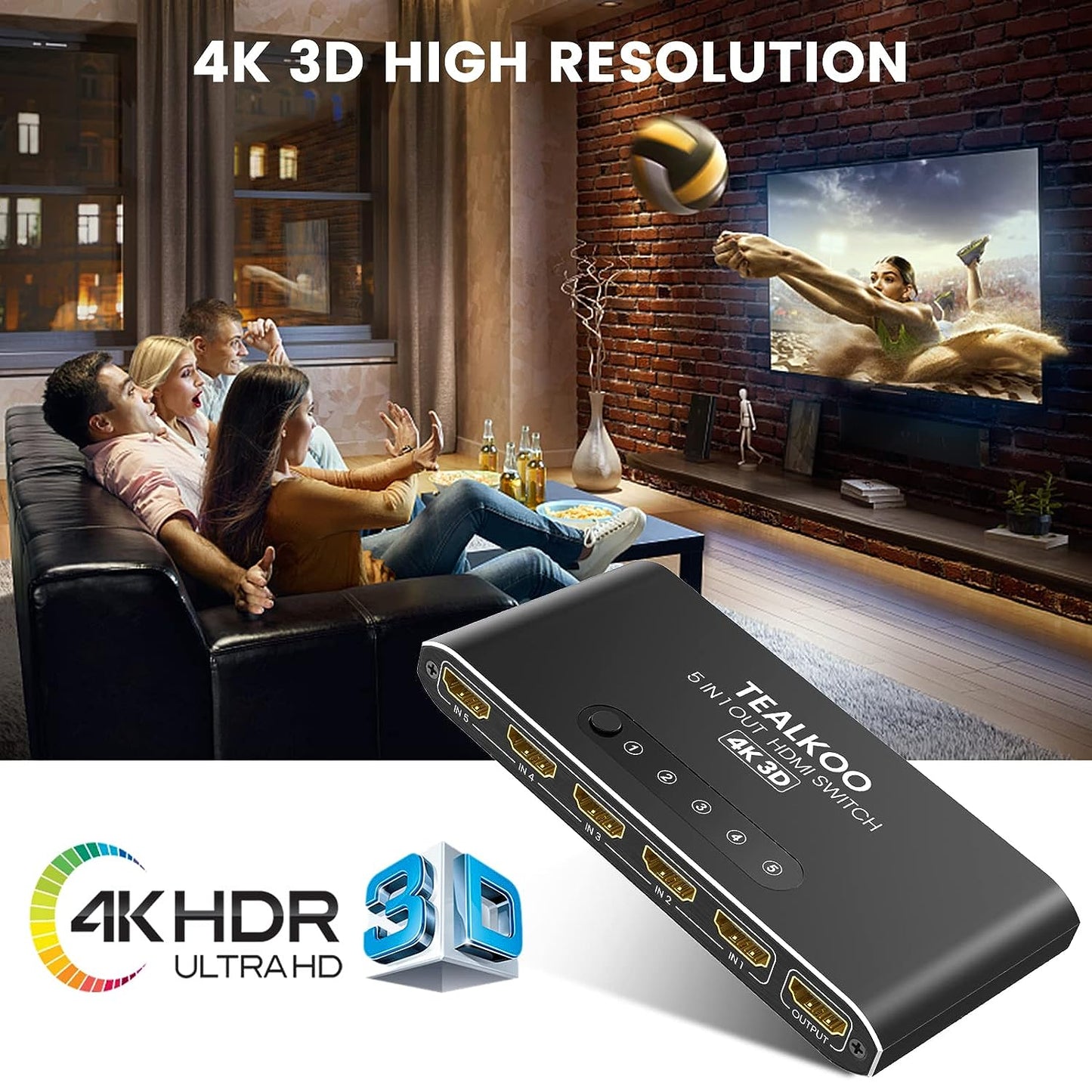 HDMI Switch 5 in 1 Out with Remote, Aluminum HDMI Splitter HDMI Switcher Supports 4K 3D 1080p@60Hz UHD HDR, HDMI2.0 Switch Compatible with PS5/4/3 Laptop DVD Blu-Ray Xbox Roku HDTV Fire Stick