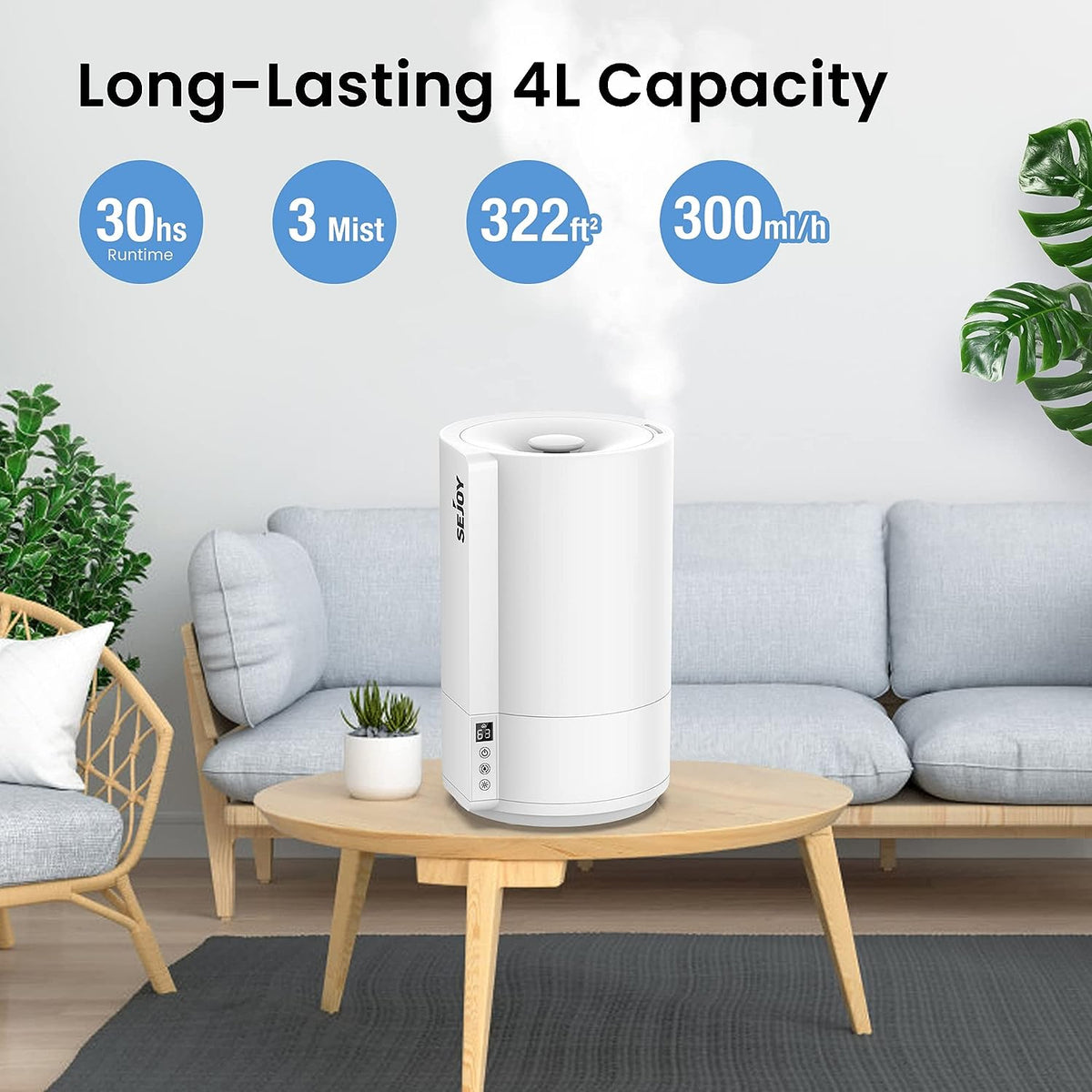 Sejoy Humidifiers for Bedroom Large Room, Cool Mist Humidifiers Quiet, Ultrasonic Air Humidifier for Baby Plant, 4L Top Fill, Smart Constant Humidity, Water Shortage Protection, 7-Color 3-Speed