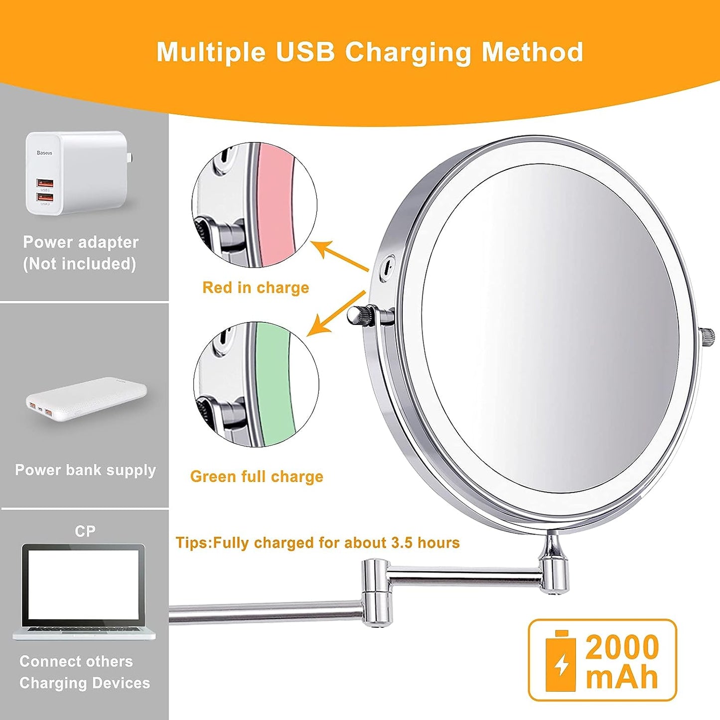 Amelar 8 Inch Wall Mounted Makeup Mirror USB Rechargeable LED 3 Color Lights Two Sided 1X/10X Magnifying Mirror Touch Switch Intelligent Shutdown 360° Swivel Vanity Mirror for Bathroom Hotel(Silver)