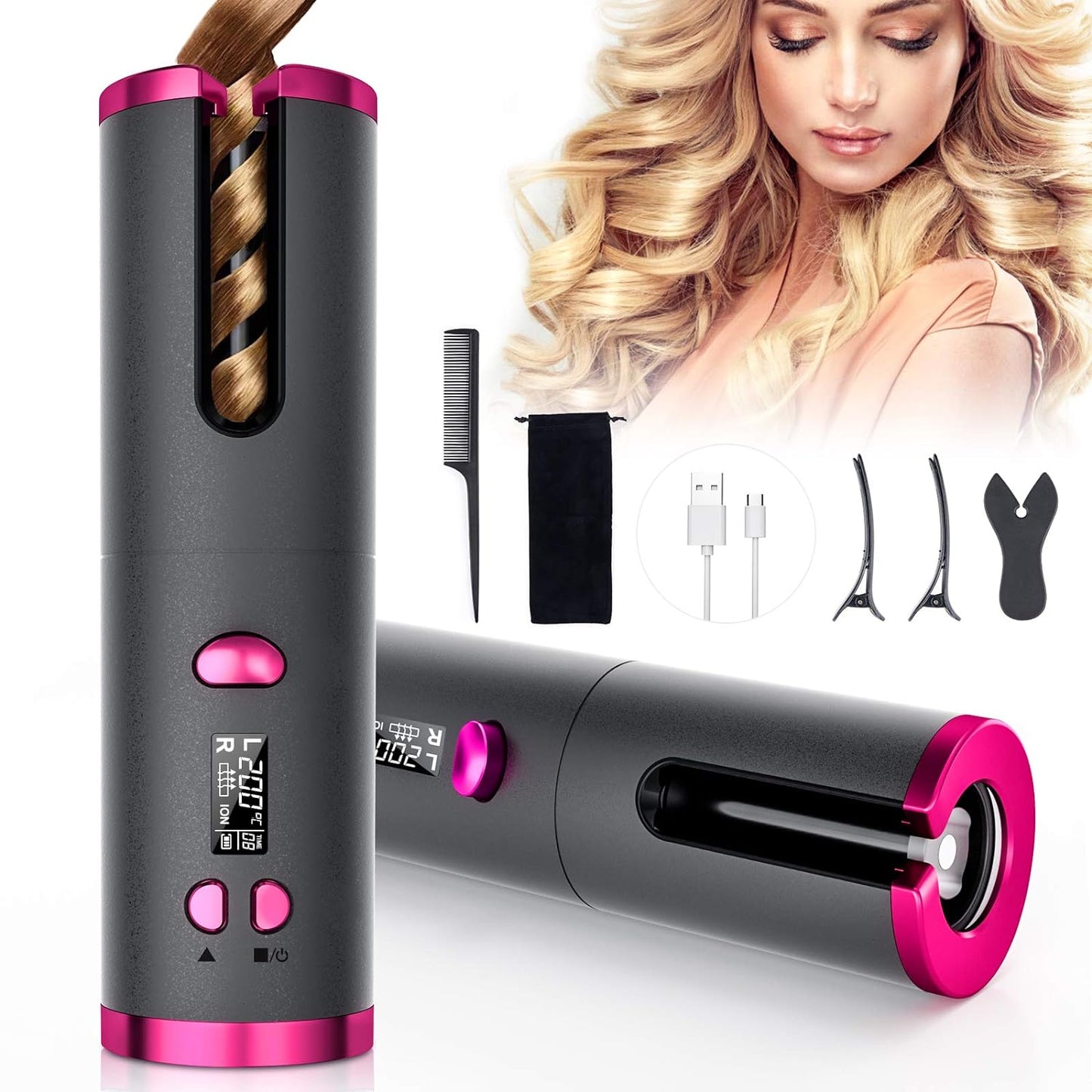 Fezax Cordless Auto Hair Curler, Automatic Curling Iron with LCD Display Adjustable Temperature & Timer, Portable Rechargeable Rotating Ceramic Barrel Curling Wand Fast Heating for Hair Styling