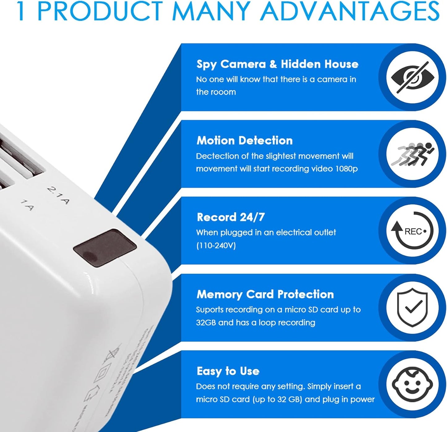 كاميرا تجسس بمحول قابس USB، شاحن حائط بدقة 1080 بكسل، كاميرا مخفية، مسجل فيديو صغير، كاميرا مراقبة، كاميرا مربية، كاميرا أمان منزلية