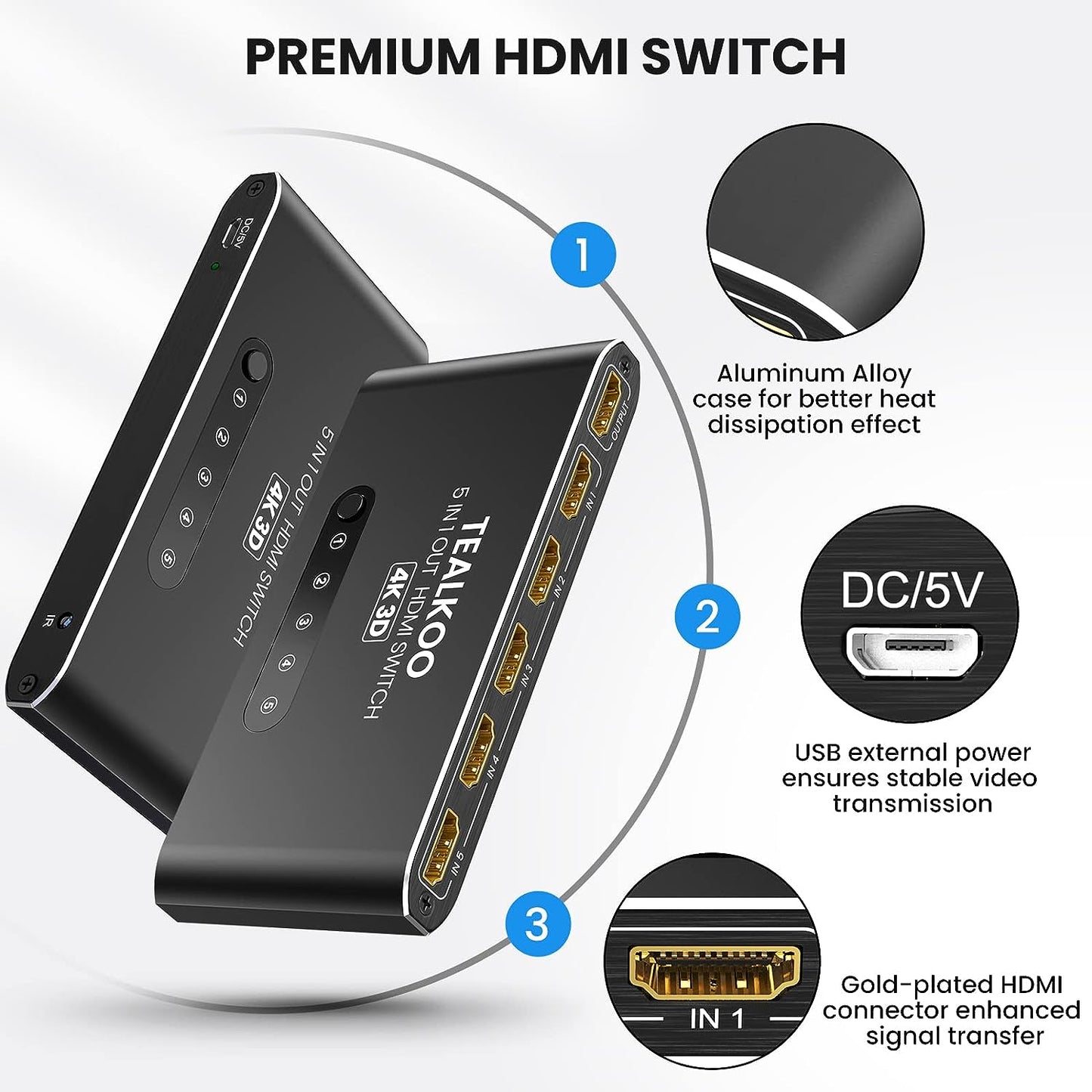 HDMI Switch 5 in 1 Out with Remote, Aluminum HDMI Splitter HDMI Switcher Supports 4K 3D 1080p@60Hz UHD HDR, HDMI2.0 Switch Compatible with PS5/4/3 Laptop DVD Blu-Ray Xbox Roku HDTV Fire Stick
