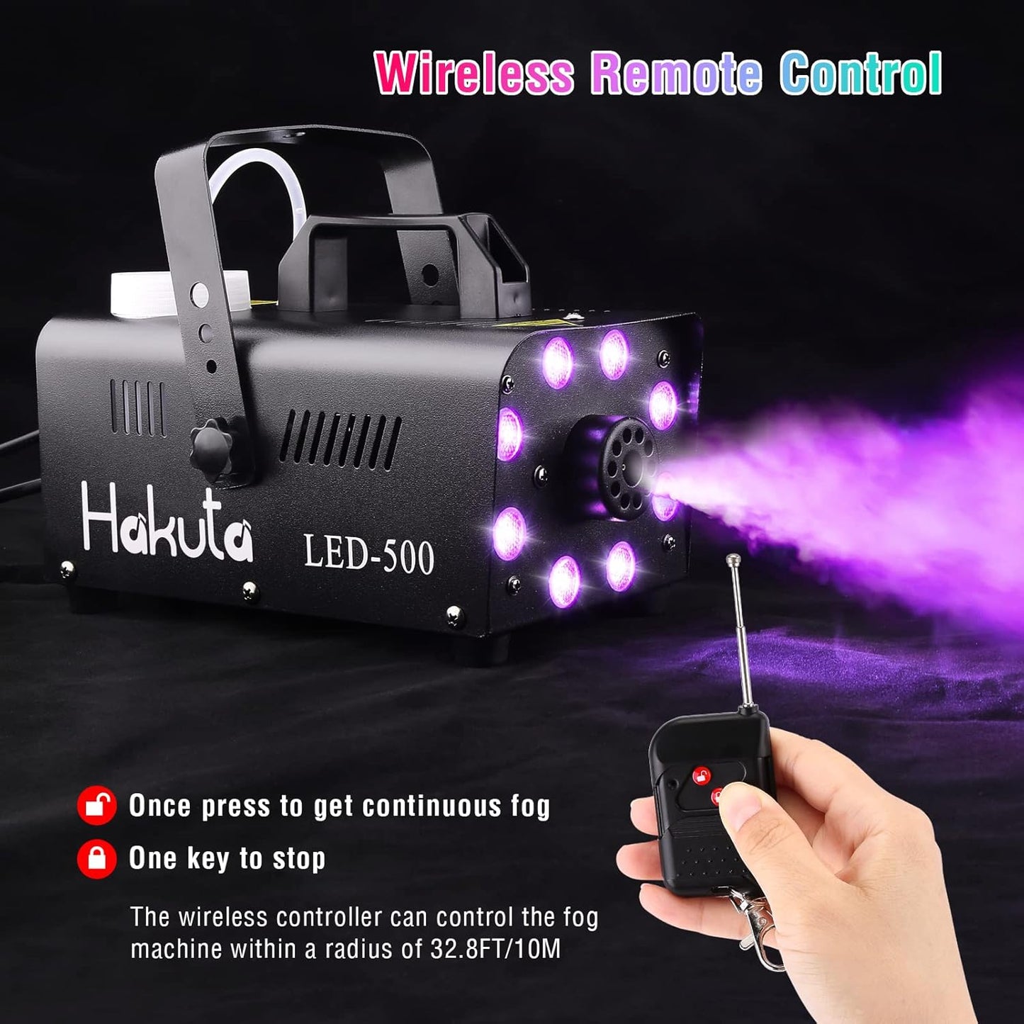 Like A New Fog Machine, HAKUTA Automatic Spray Smoke Machine with 8 LED Lights and 13 Colorful LED Lighting Effects, 500W and 2000CFM Fog LED Fog Machine, Perfect for Wedding, Christmas, Halloween, Performance