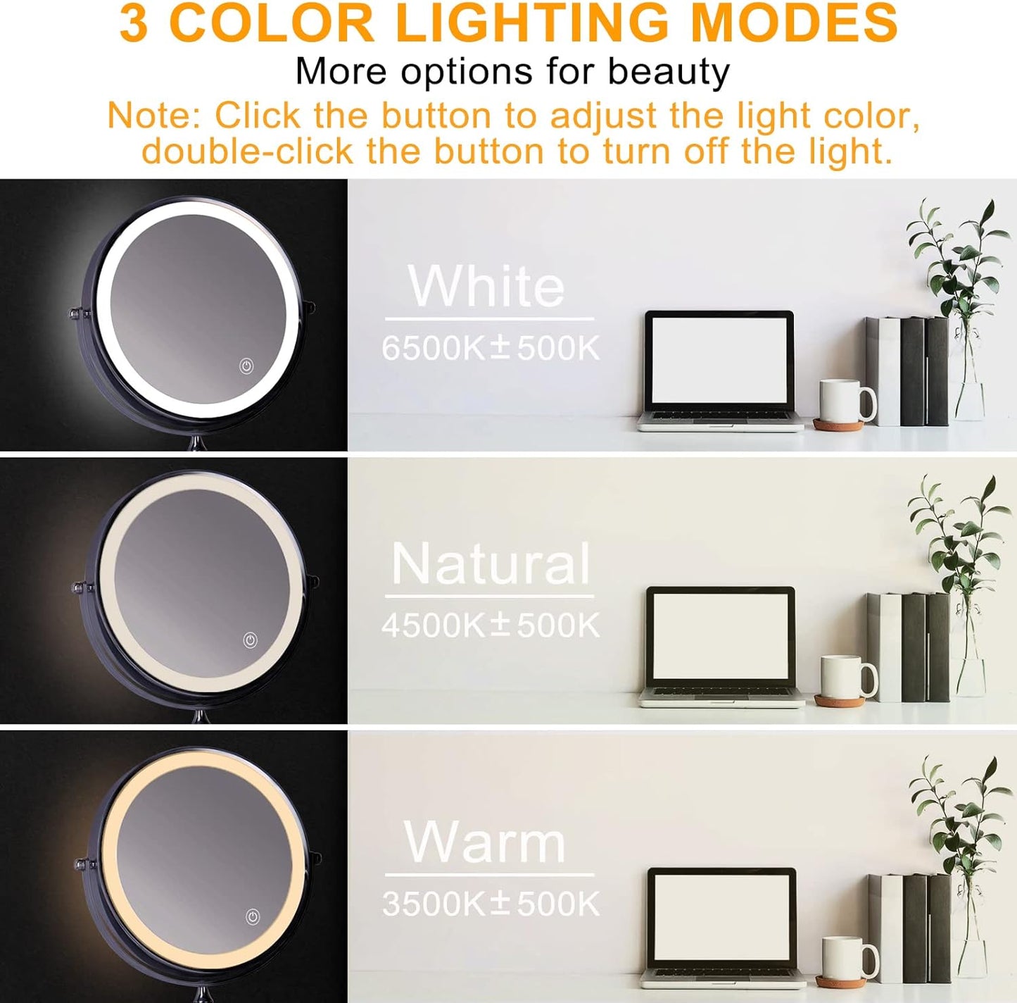 Amelar 8 Inch Wall Mounted Makeup Mirror USB Rechargeable LED 3 Color Lights Two Sided 1X/10X Magnifying Mirror Touch Switch Intelligent Shutdown 360° Swivel Vanity Mirror for Bathroom Hotel(Silver)