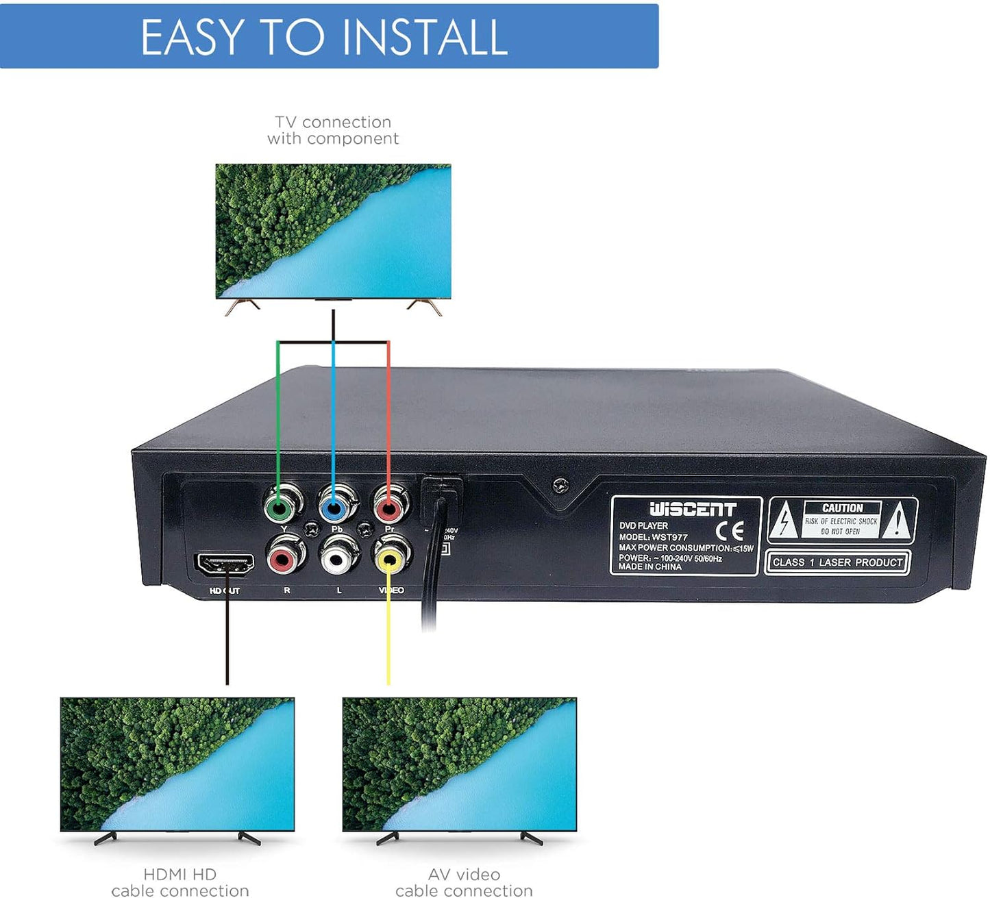 WISCENT DVD Player for Smart TV Support 1080P Full HD with HDMI Output,CD/MP3/USB Player for Home, All Region-Free, Remote Control/AV/HDMI Cable Included(non blueray)
