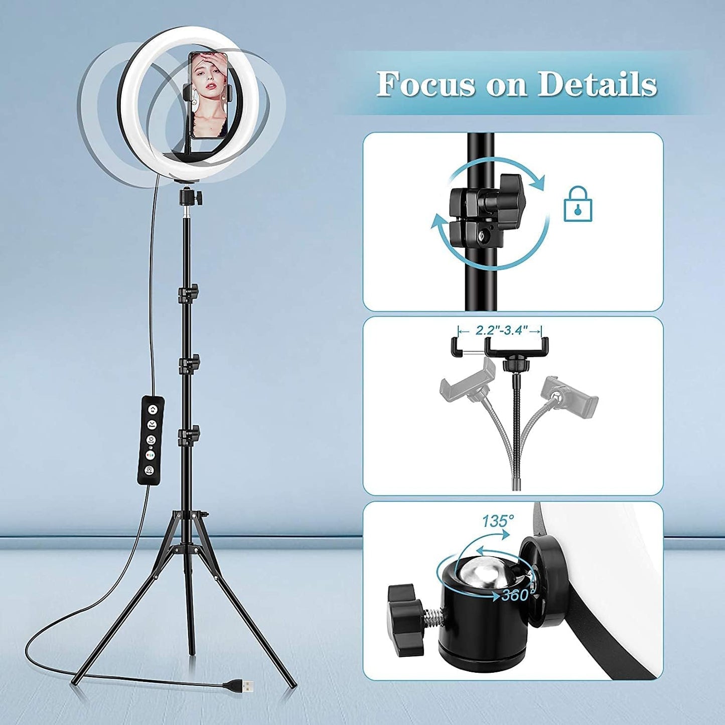 12.6'' Ring Light with Stand and Phone Holder: Totally 74" Tall Led Ringlight Tripod with 40 Color Modes, Floor and Desktop Stand with Circle Lights for Makeup Video Meeting Live Stream