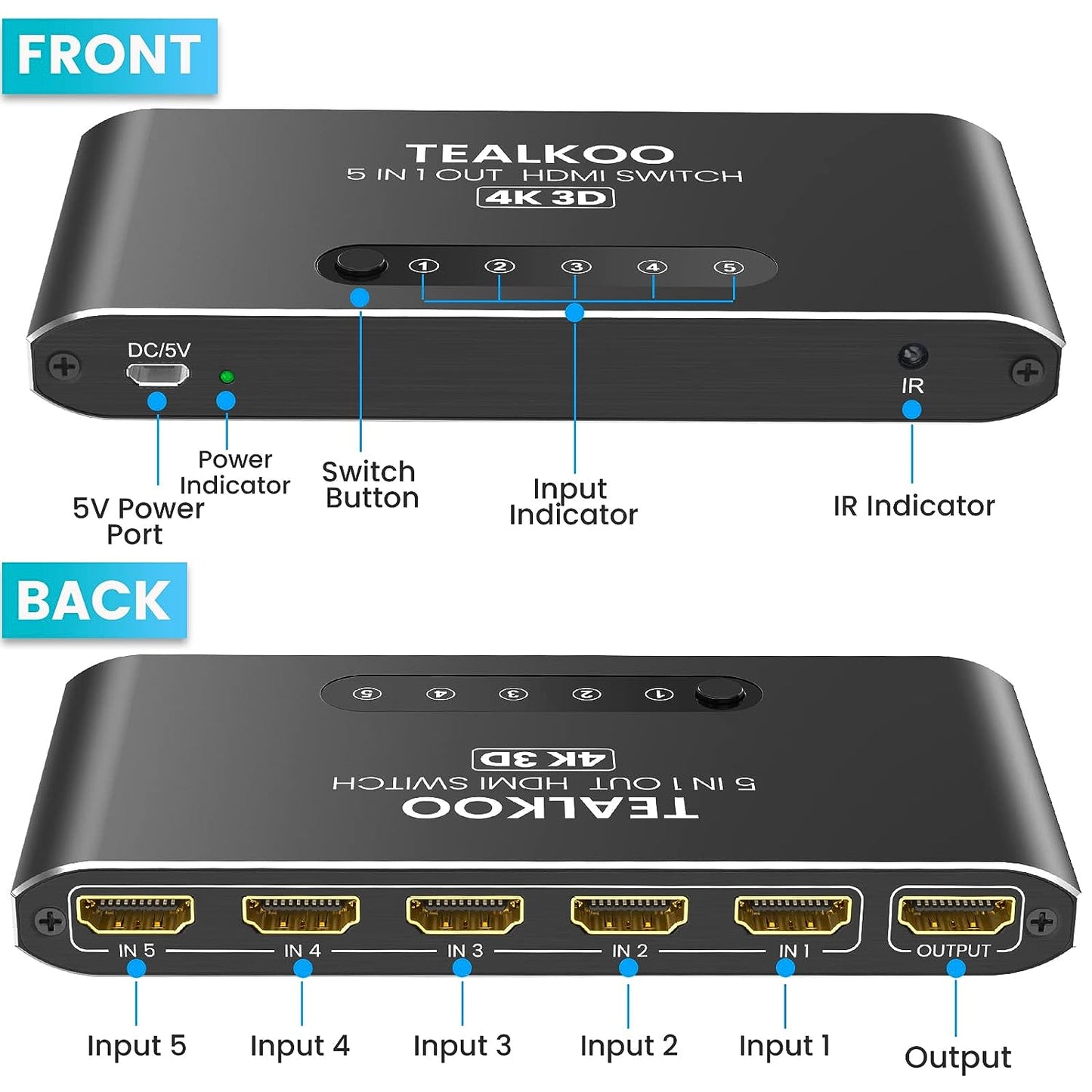 HDMI Switch 5 in 1 Out with Remote, Aluminum HDMI Splitter HDMI Switcher Supports 4K 3D 1080p@60Hz UHD HDR, HDMI2.0 Switch Compatible with PS5/4/3 Laptop DVD Blu-Ray Xbox Roku HDTV Fire Stick