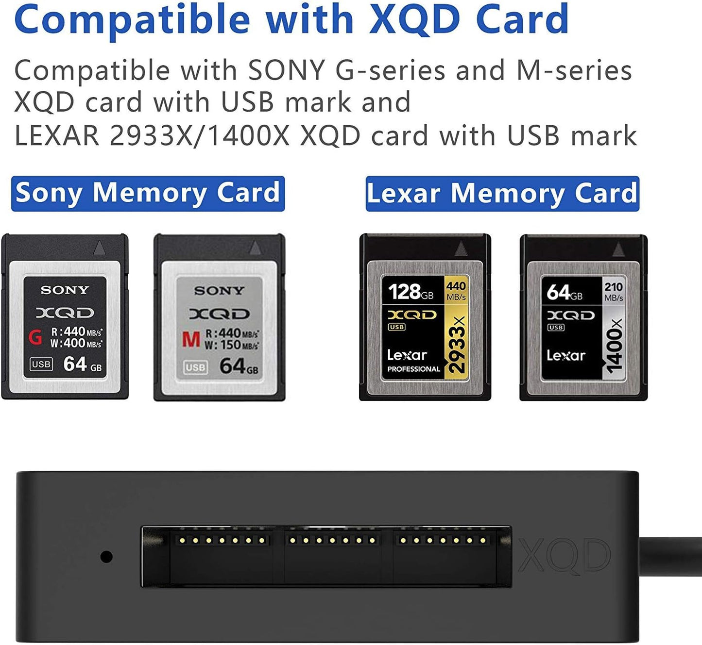 قارئ بطاقات USB 3.0 XQD، قارئ بطاقات ذاكرة XQD، متوافق مع بطاقات Sony G/M Series USB Mark XQD، وبطاقات Lexar 2933x/1400x USB Mark XQD