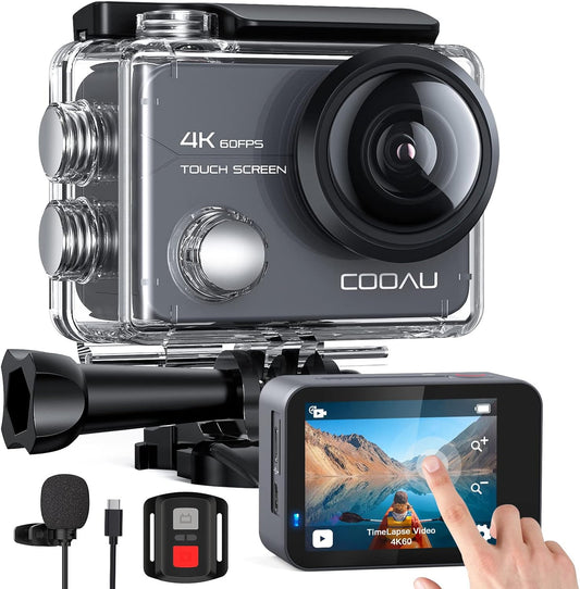 COOAU Native 4K 60fps 20MP Touch Screen Wi-Fi Action Sports Camera with 8XZoom EIS Anti-Shake 40M Waterproof Underwater Case 170° Adjustable Wide Angle External Microphone 2x1350mAh Batteries