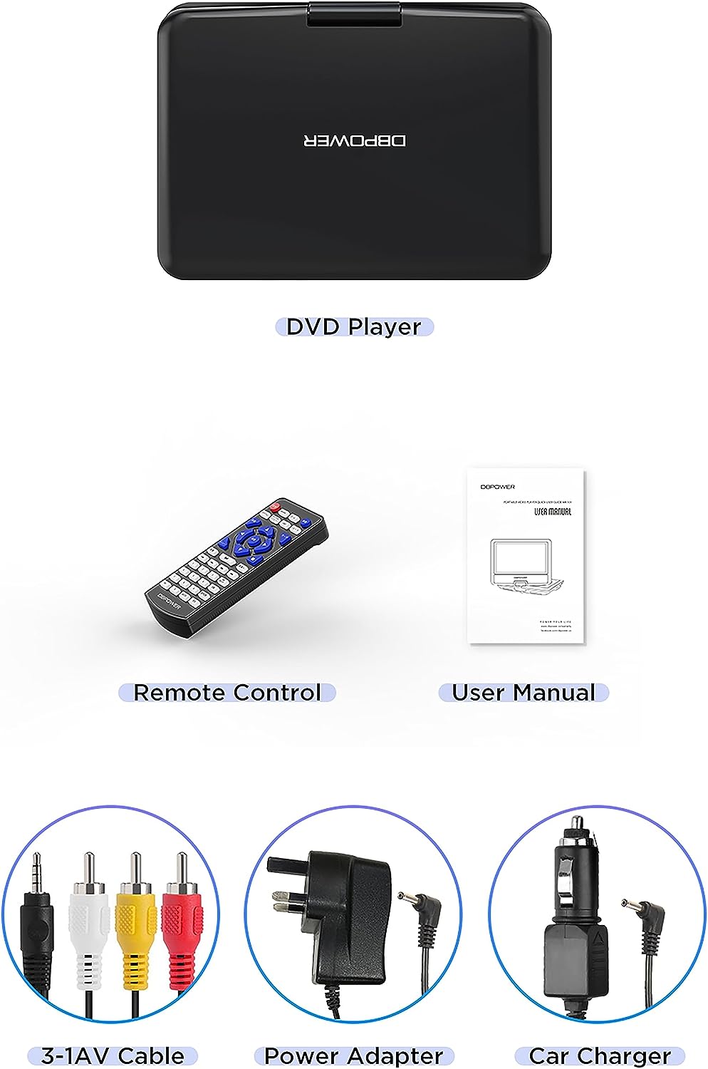 DBPOWER 12.5" Portable DVD Player with 10.5" Swivel Screen Car Built-in 5 Hours Rechargeable Battery, Supports All-Region, Earphone/SD Card/USB/AV-in/AV-out, Direct Play in Formats AVI/RMVB/MP3/JPEG