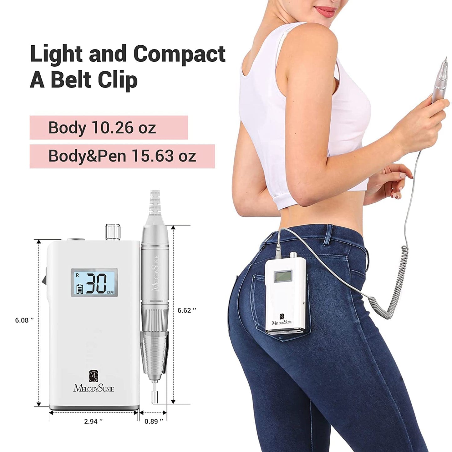 Professional Rechargeable Nail Drill 30000 rpm ,SC320H MelodySusie Portable Electric E File Scamander, Acrylic Gel Grinder Tools with 6 Bits and Sanding Bands for Manicure Pedicure Carve Polish (White)