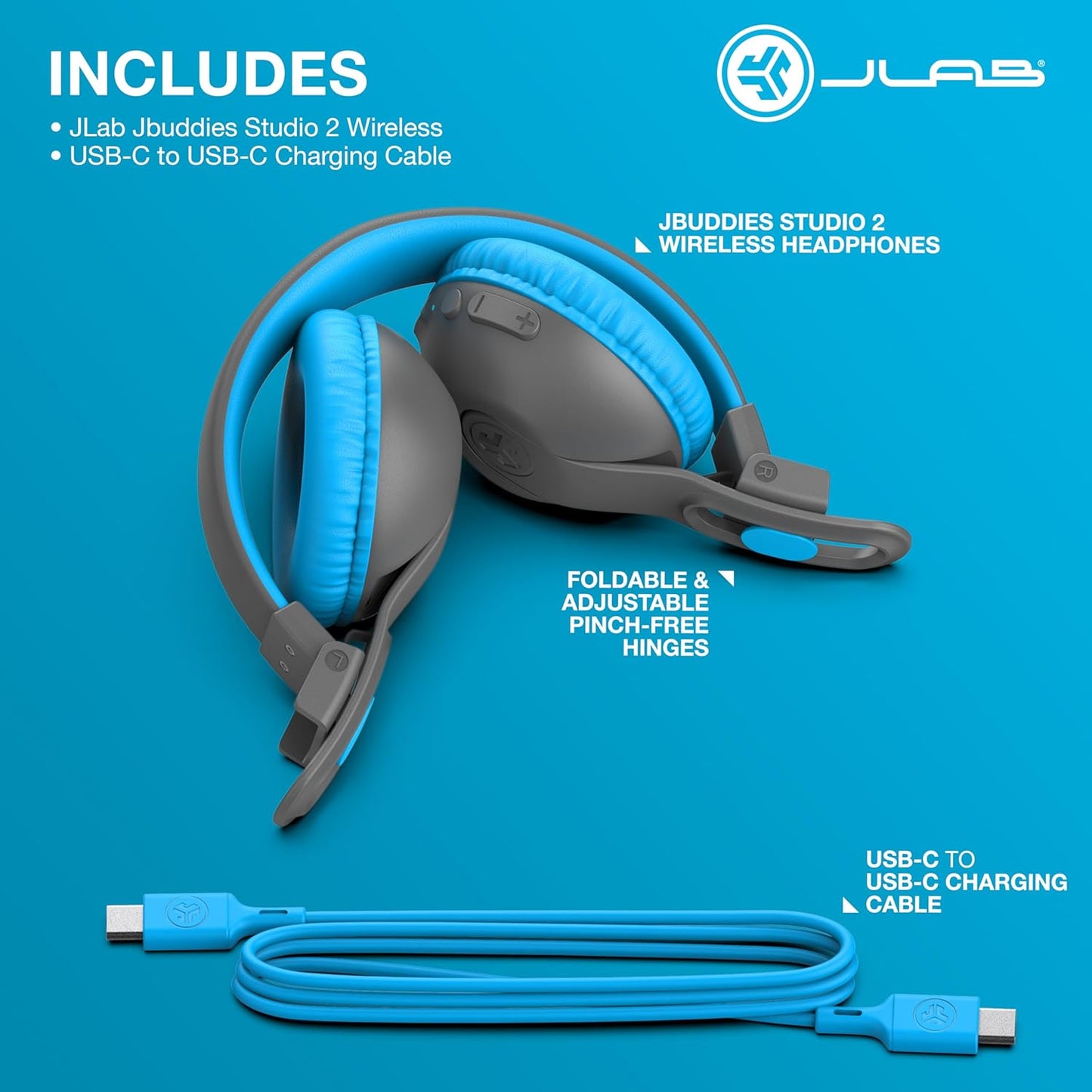 JLab JBuddies Studio 2 Wireless +Wired On-Ear Kids Headphones, Grey/Blue, 65+ Hour Battery Life, Share Mode, Volume Safe, Volume Limiter, Folding, Adjustable, Noise Isolation, with Mic