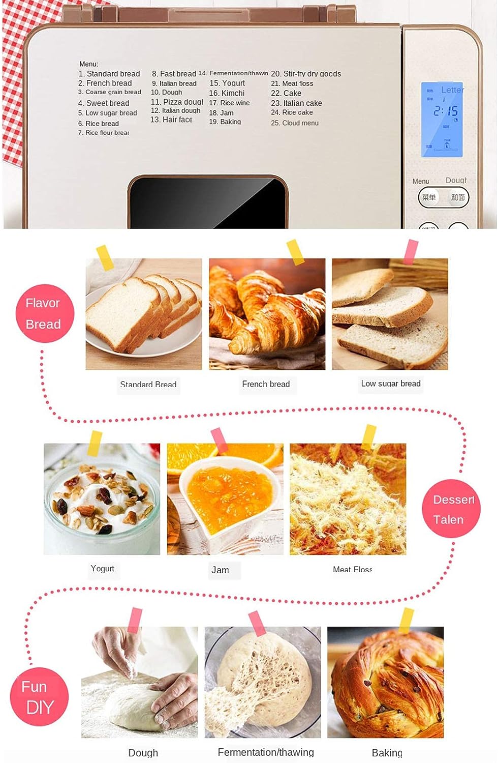 Home DIY Bread Machine, Automatic Digital Bread Maker with Gluten Free & Sourdough Settings, 3 Loaf Sizes & 3 Colours, 1H Heating Function, 13 Hour Delay Timer, with Fruit Nut Dispenser