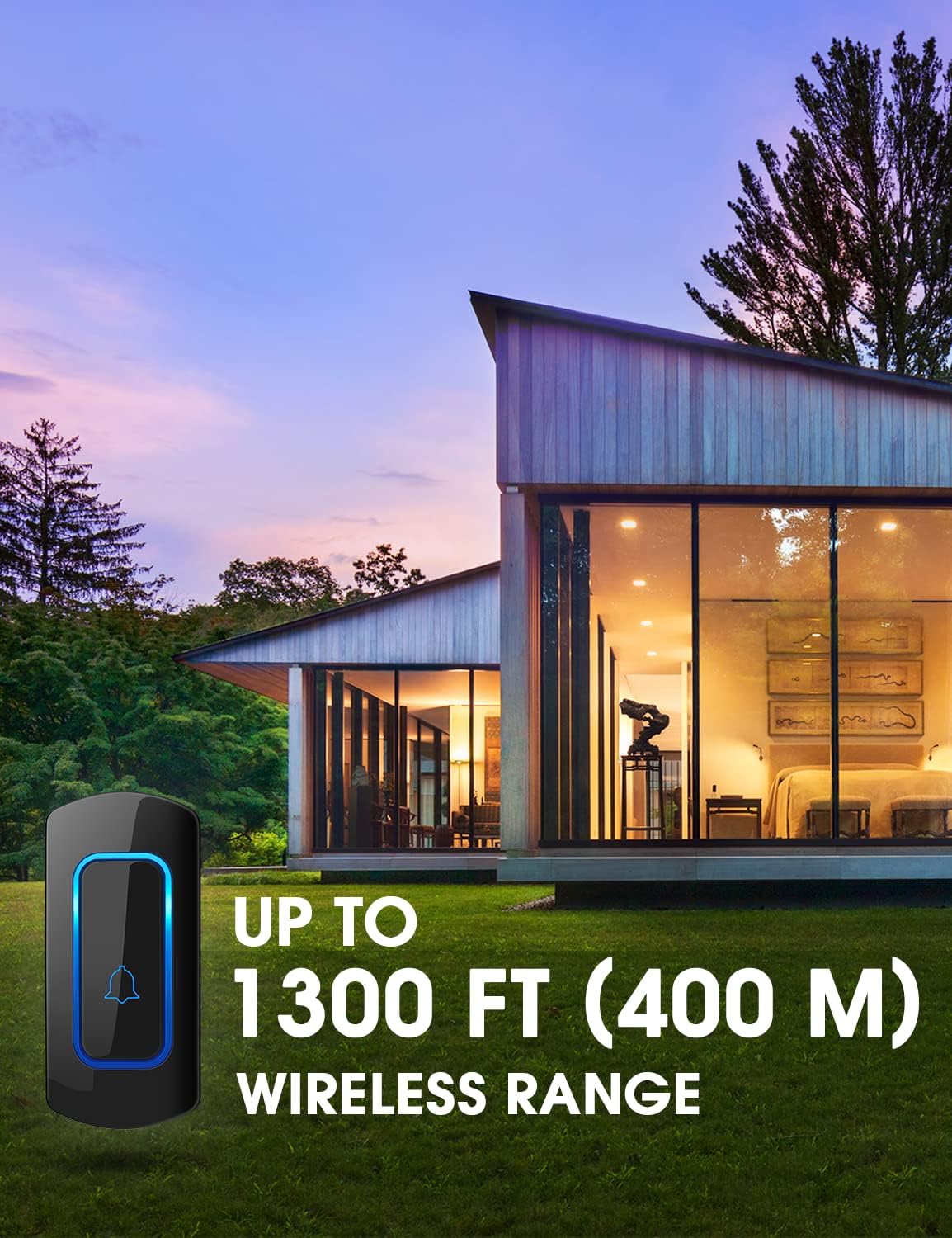 Wireless Doorbell Kit, Door Bell Operating at Over 1300 Feet, Waterproof Door Chime Kit with Two Plug-in Receivers, LED Indicators, 52 Melodies, Easy Setup for Home and Office
