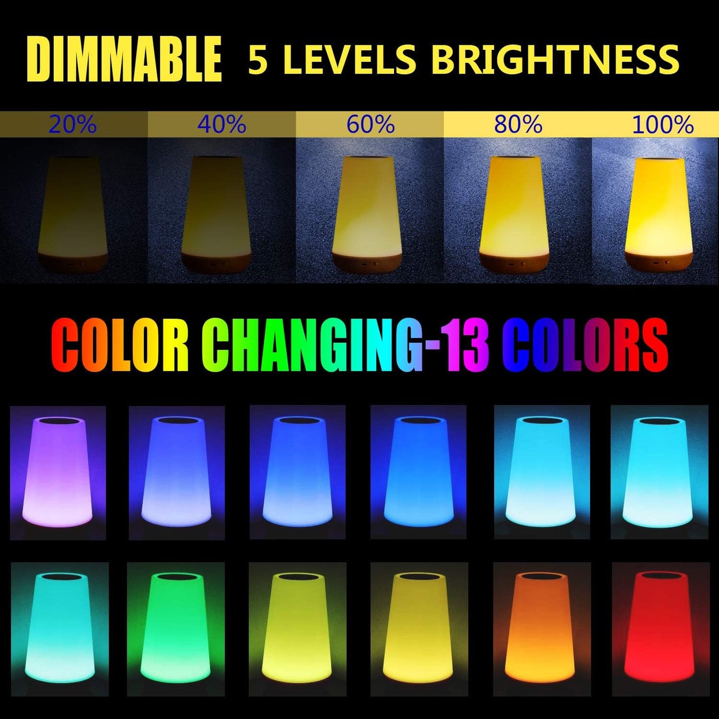 LED Bedside Lamp, Children's Night Light, Mood Light, Touch, Dimmable, RGB 13 Colour Changing, Portable Atmosphere Table Lamp with Remote Control & USB Charging Function for Baby Bedroom, Room,