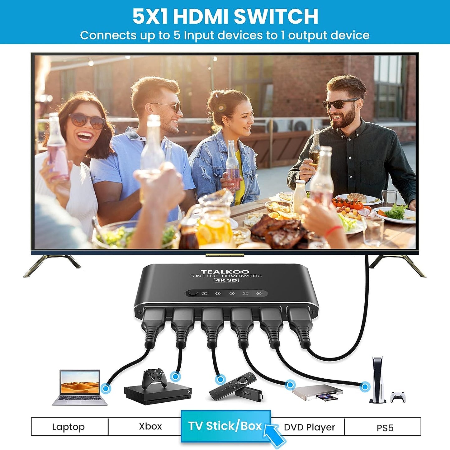 HDMI Switch 5 in 1 Out with Remote, Aluminum HDMI Splitter HDMI Switcher Supports 4K 3D 1080p@60Hz UHD HDR, HDMI2.0 Switch Compatible with PS5/4/3 Laptop DVD Blu-Ray Xbox Roku HDTV Fire Stick