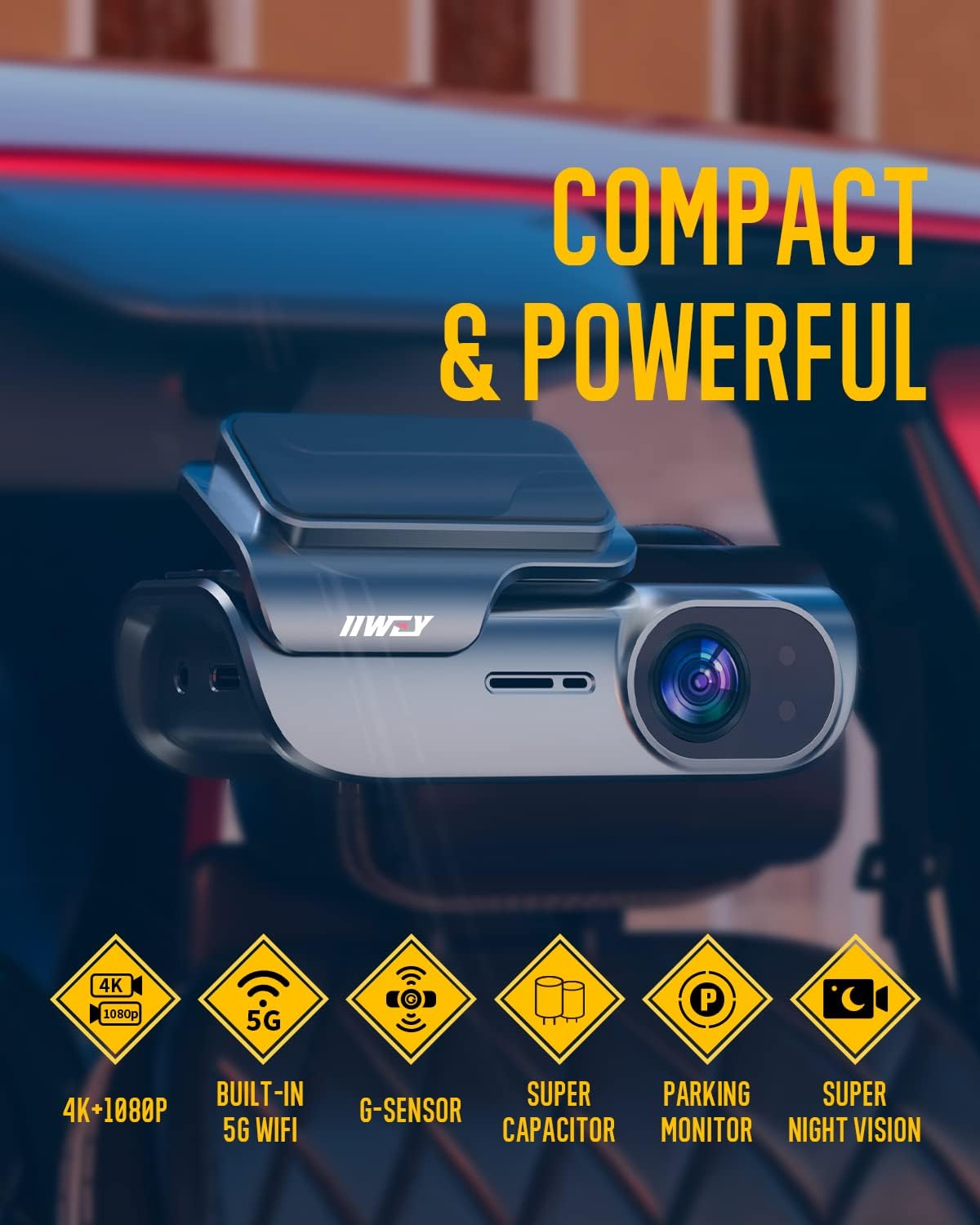 IIWEY EY02 4K Dash Cam Front and Rear Built-in 5GHz WiFi, Dual Dash Cam Front 4K Rear 1080P Car Camera, Free 64GB SD Card, Super Night Vision, App Control, Supercapacitor, Parking Mode, USB C Port