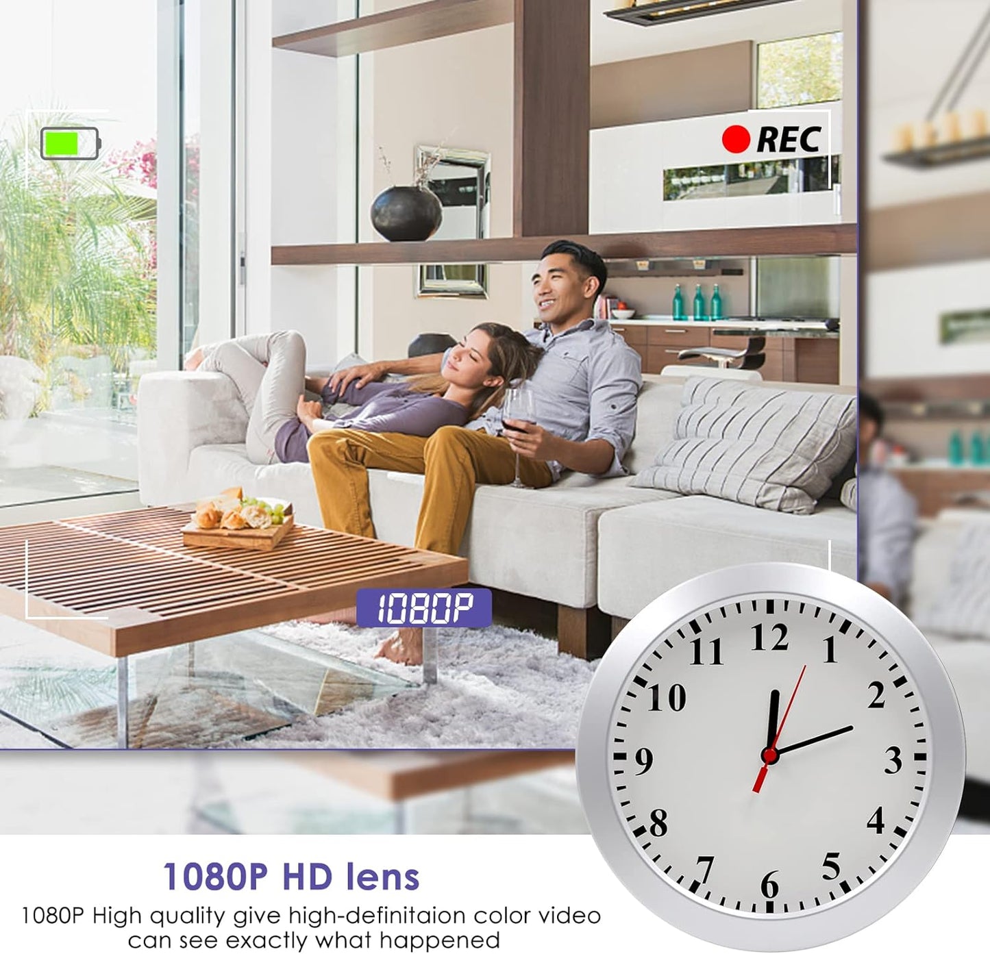 ساعة كاميرا خفية، كاميرا تجسس عالية الدقة 1080 بكسل، ساعة حائط، كاميرا خفية مع كشف الحركة لأمن المنزل/المكتب، كاميرا مربية مخفية، بدون وظيفة واي فاي