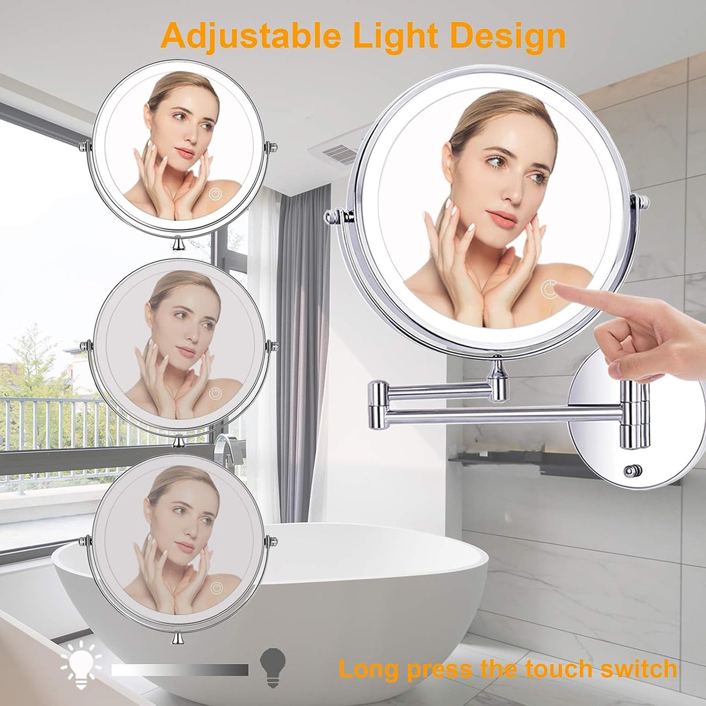 Amelar 8 Inch Wall Mounted Makeup Mirror USB Rechargeable LED 3 Color Lights Two Sided 1X/10X Magnifying Mirror Touch Switch Intelligent Shutdown 360° Swivel Vanity Mirror for Bathroom Hotel(Silver)