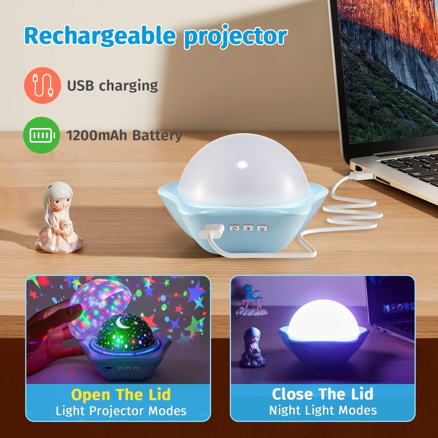 One Fire Night Light for Kids, 48 Lighting Modes Star Lights for Bedroom, 360° Rotating+3 Films Baby Night Light Projector, USB Rechargeable Kids Night Lights for Bedroom, Star Lights for Room Decor