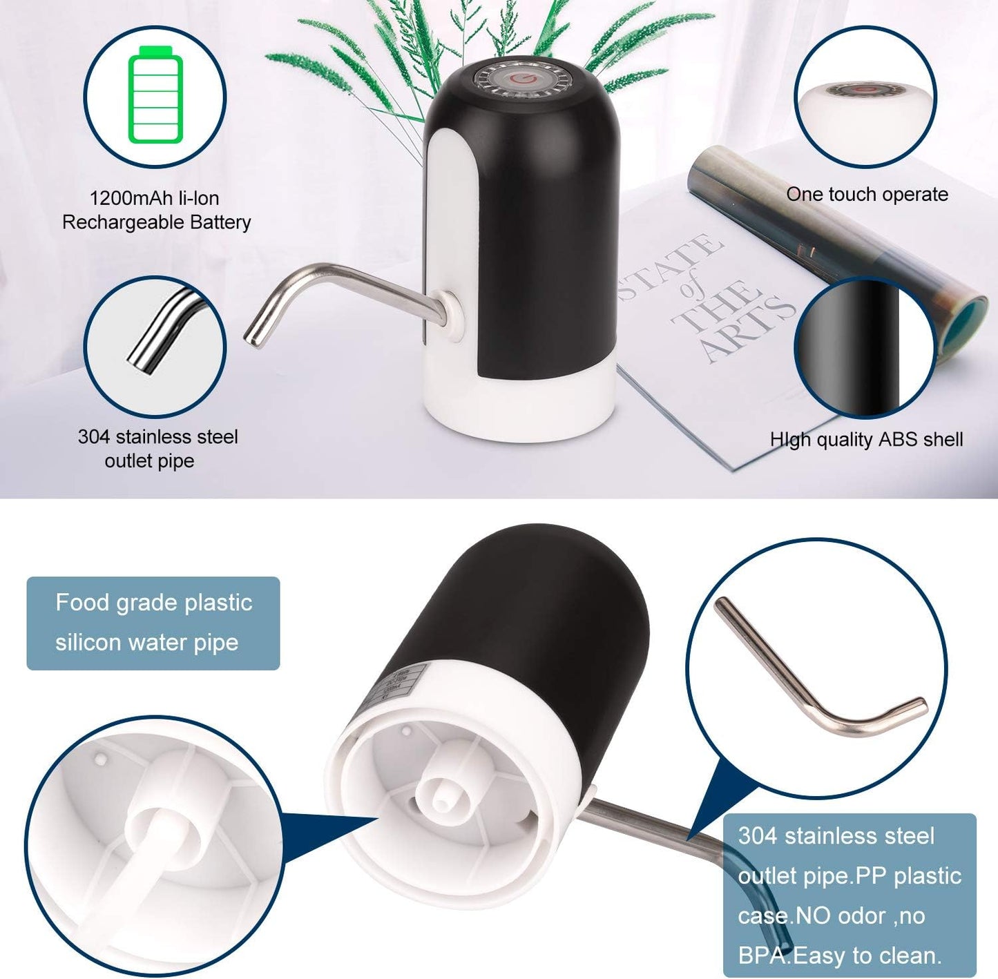 5 Gallon Rechargeable Water Dispenser - One Button Pump with Replaceable Suction & Outlet Pipe